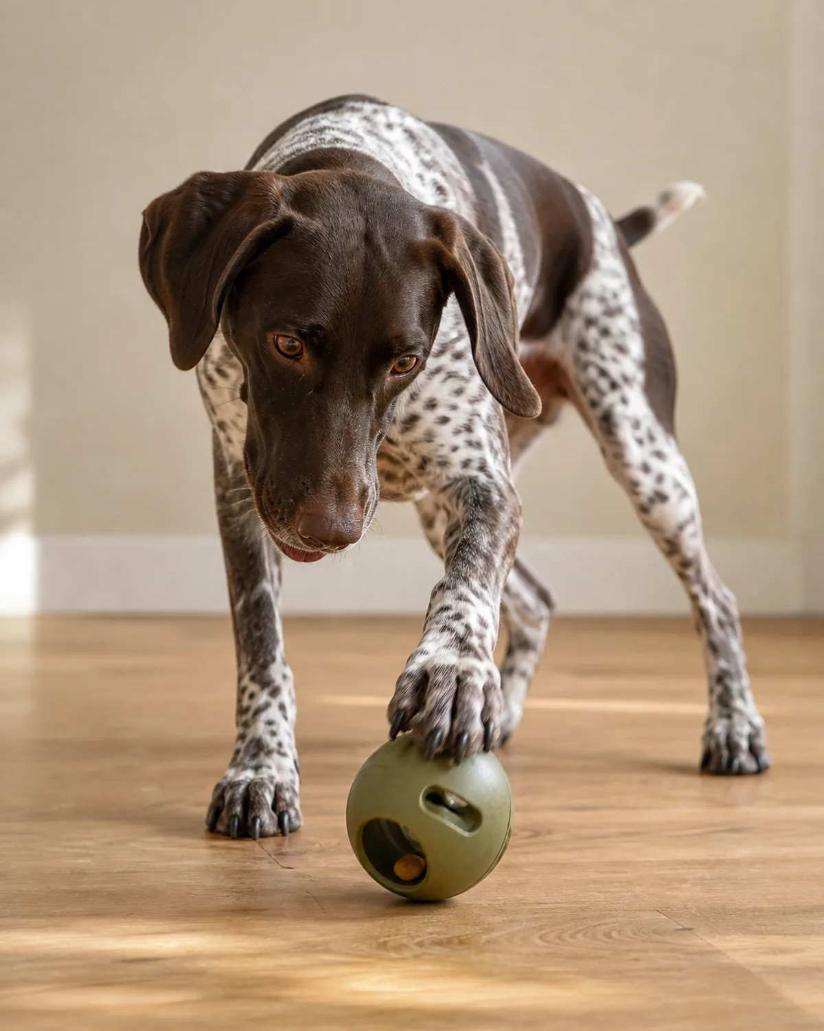 athletic dog actively working a harder rolling treat ball, high energy