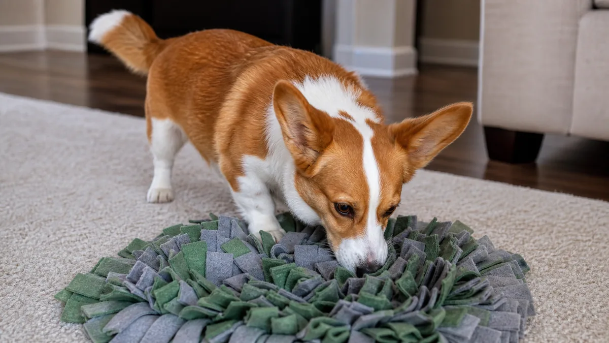 a small dog with very short legs and a long low body, a red-and-white coat, oversized erect ears and a foxy face (nose-down working a snuffle mat on a living-room rug, focused and happy, natural window light)