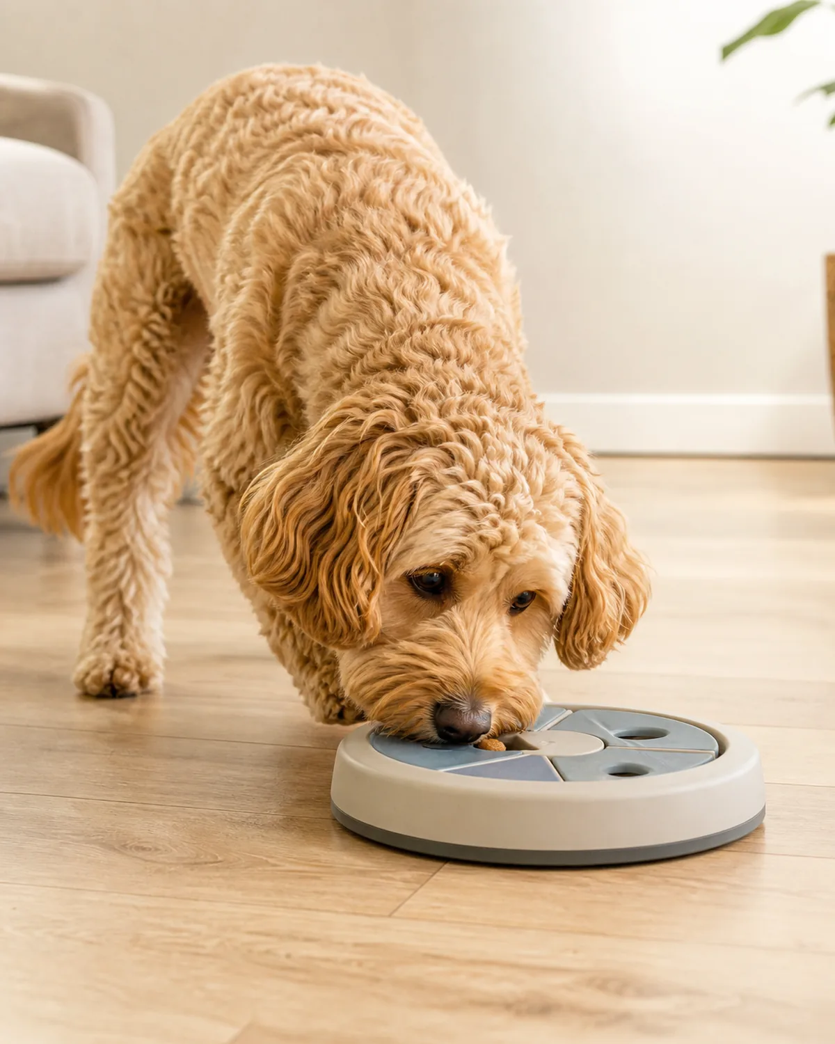 dog nose-pushing a treat-dispensing puzzle feeder across the floor