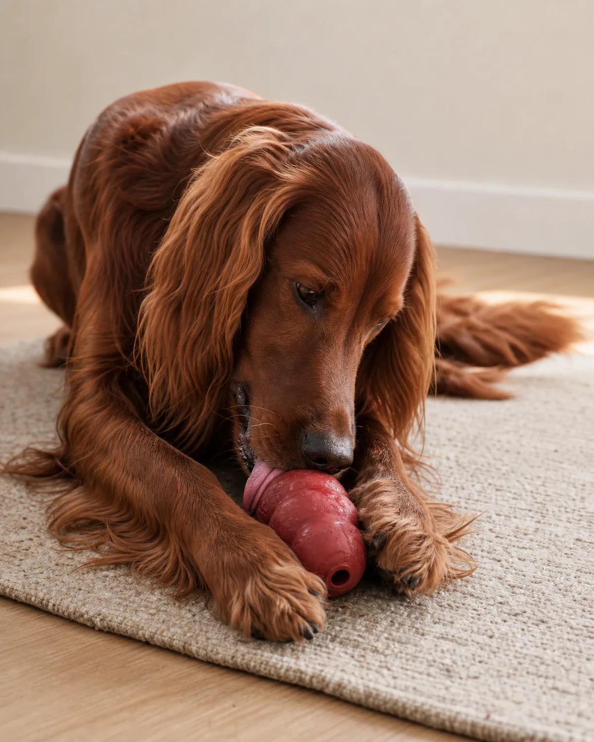 dog lying down licking a stuffed frozen rubber toy held between paws, absorbed