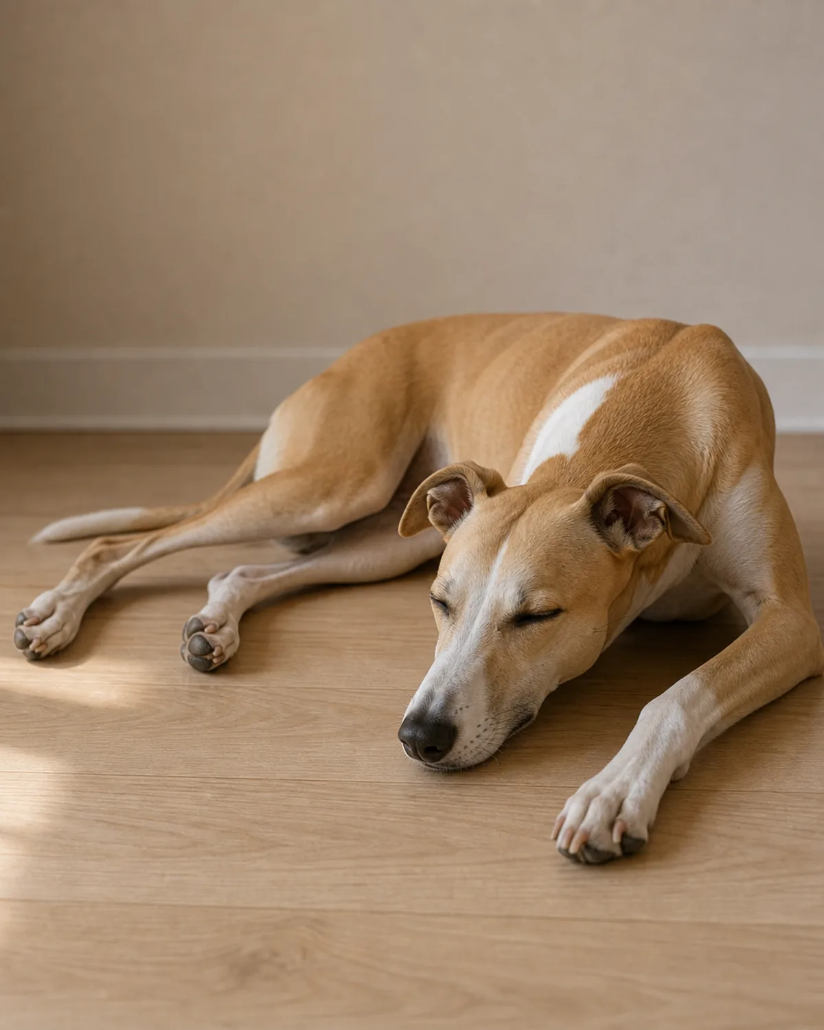 calm satisfied dog lying down after activity indoors