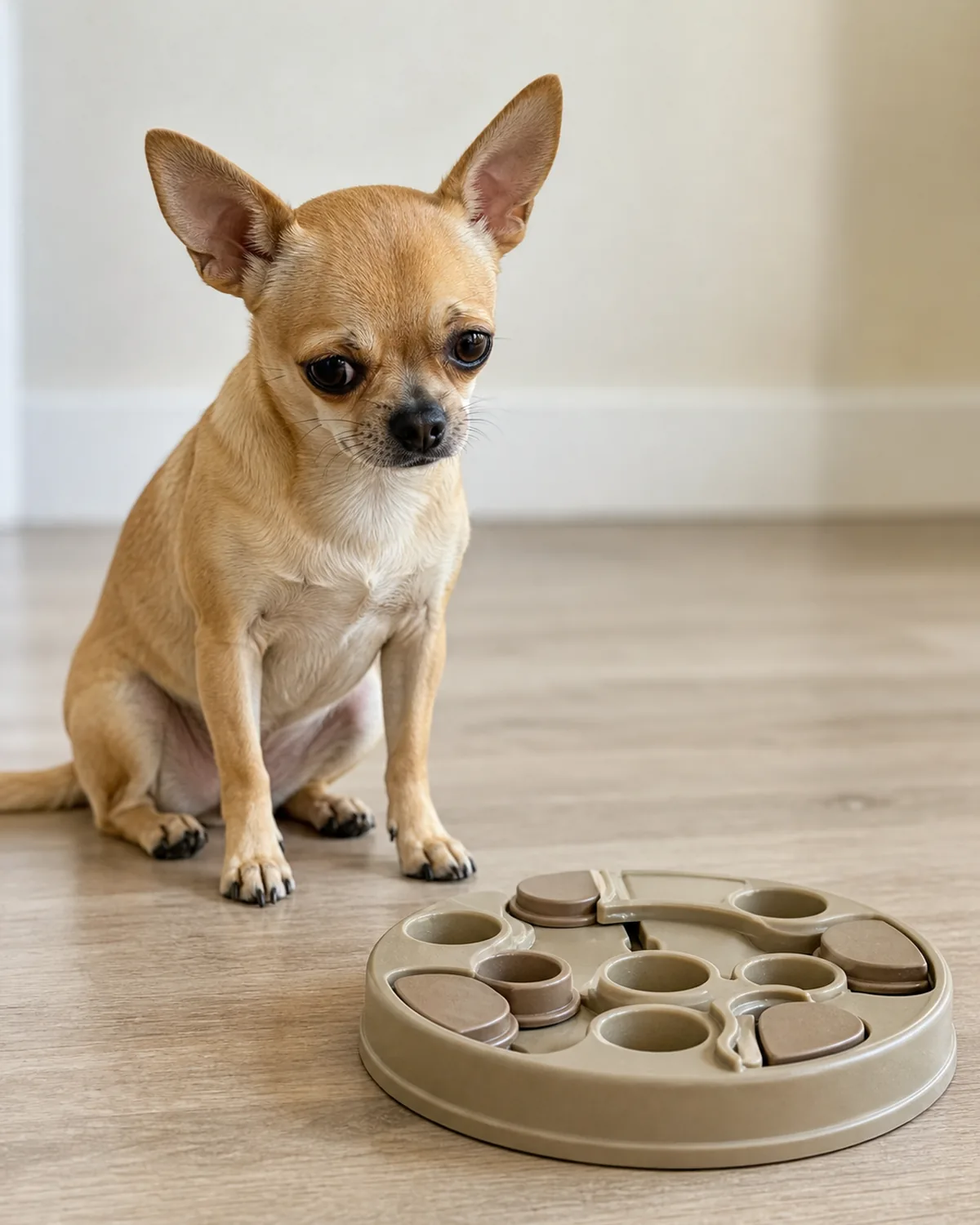 small dog sitting beside an untouched too-hard puzzle, slightly frustrated