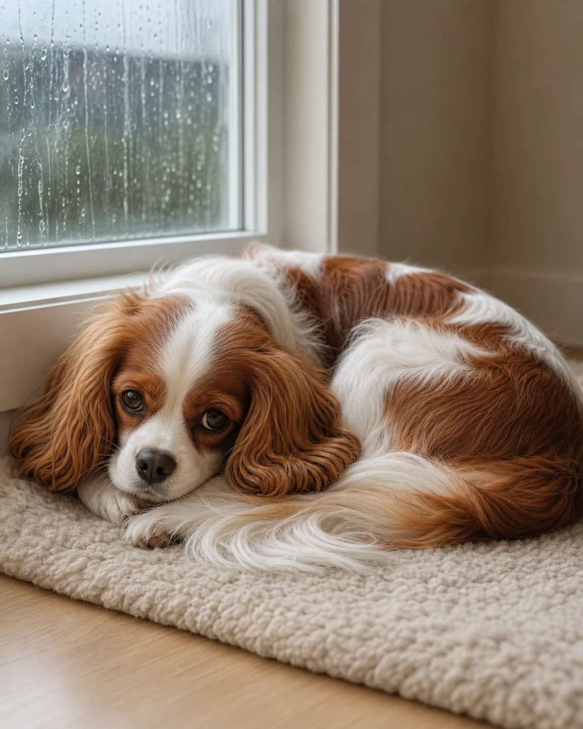 dog resting calmly on a rug by a rain-streaked window indoors