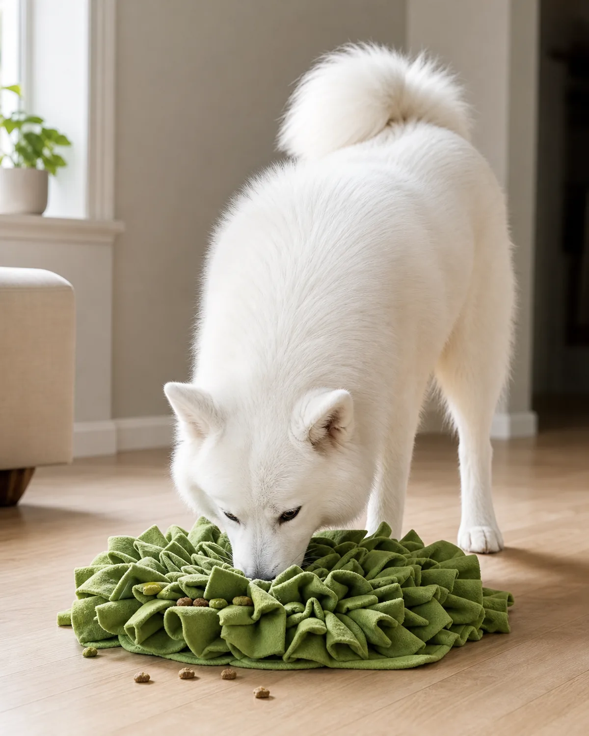 dog nose buried in a green snuffle mat foraging for kibble