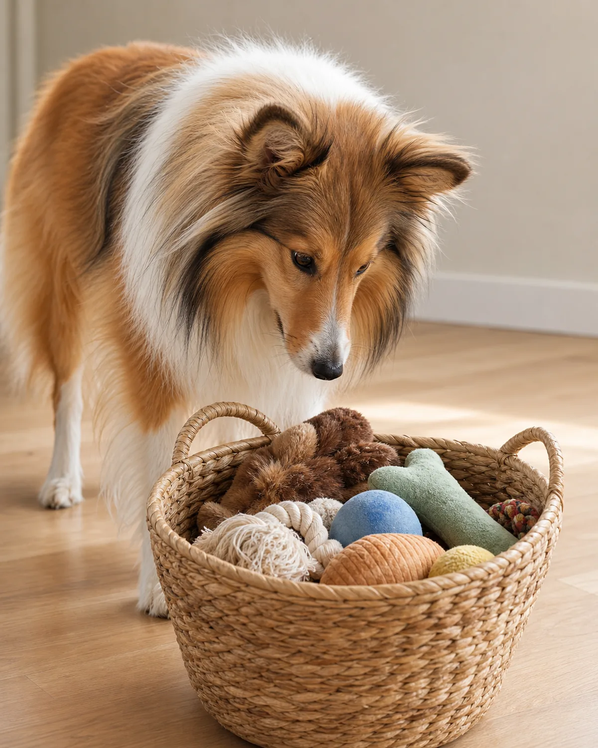 dog looking at a basket of assorted dog toys, choosing one