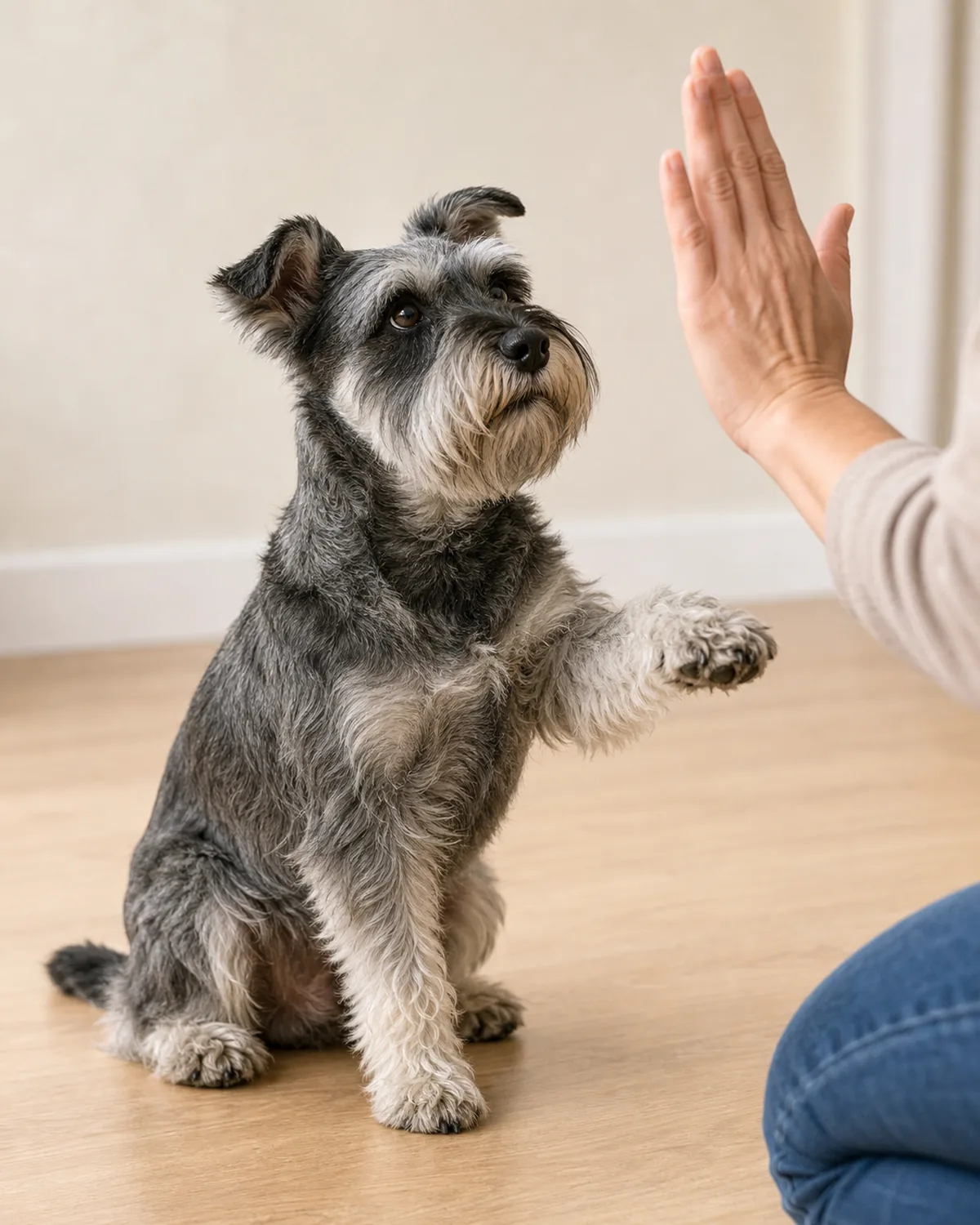 small dog offering a paw mid-trick, looking up at owner's marker hand