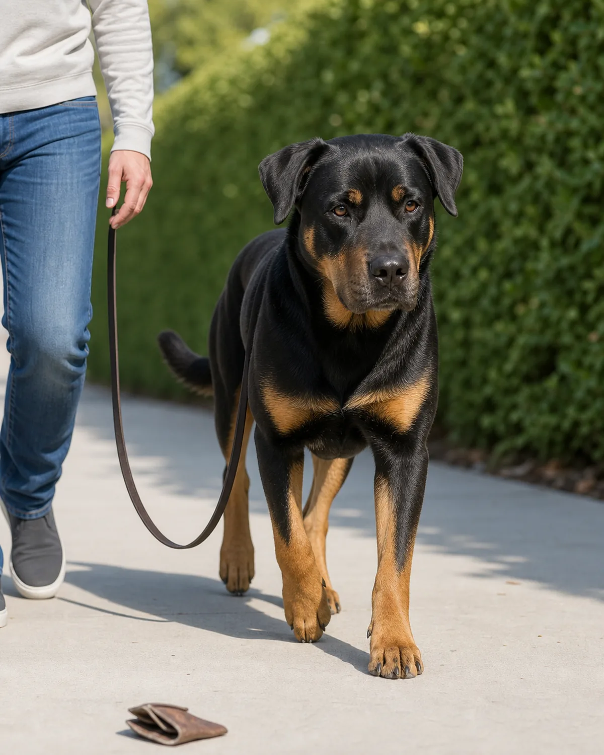 a large dog with a black-and-tan block-headed short coat walking calmly past a dropped item on a clean sidewalk with a person