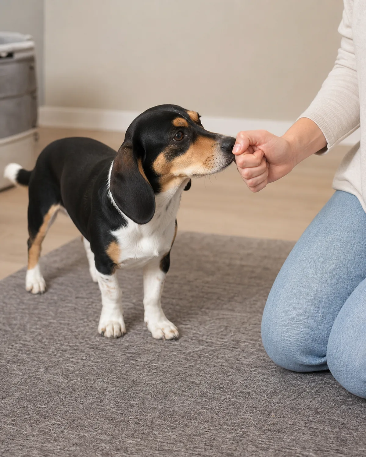 a small tricolor dog with long floppy ears sniffing curiously at a person's closed fist in an indoor living room