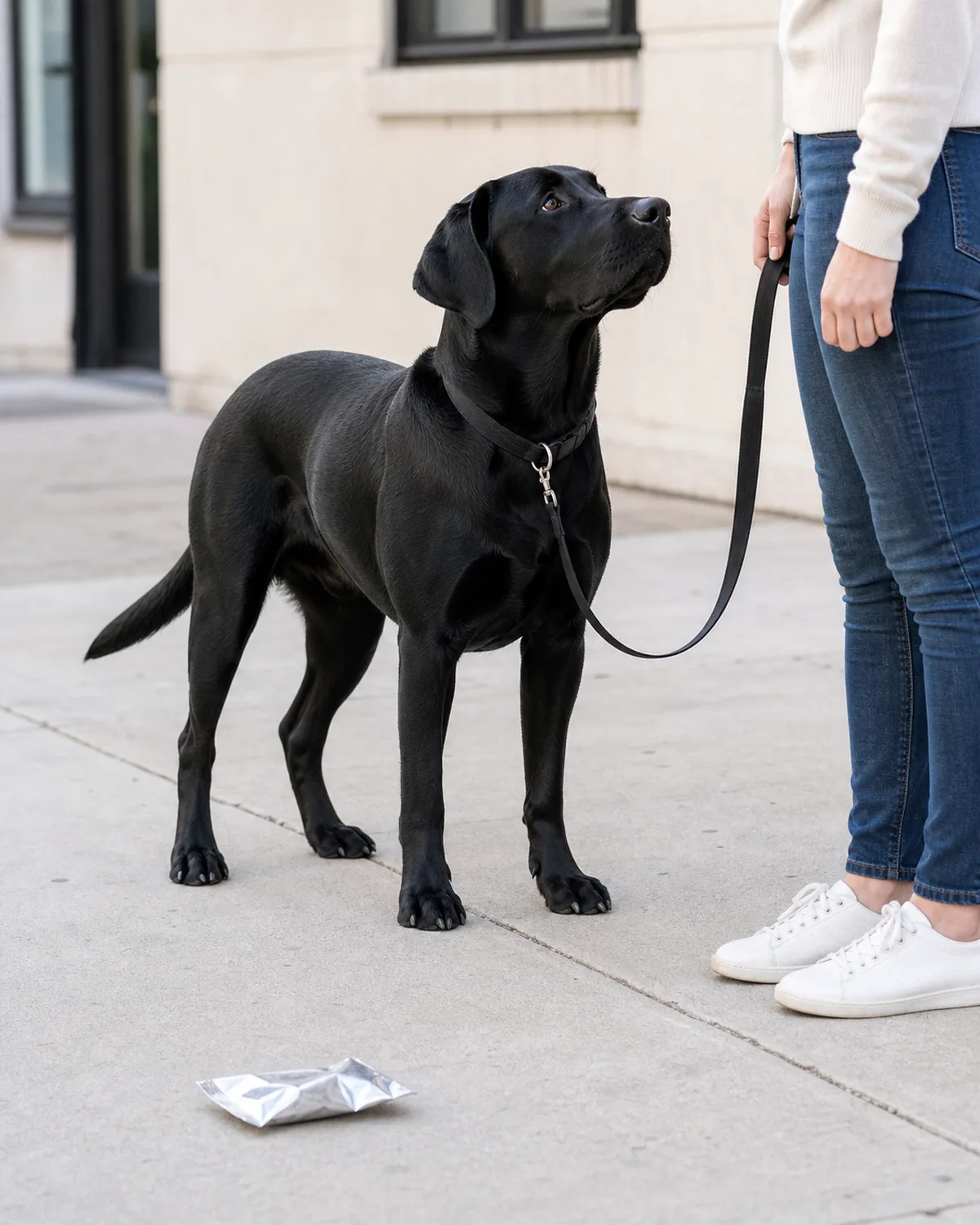 a large dog with a solid black short coat and floppy ears looking up at a person on a sidewalk instead of a dropped food wrapper on the ground