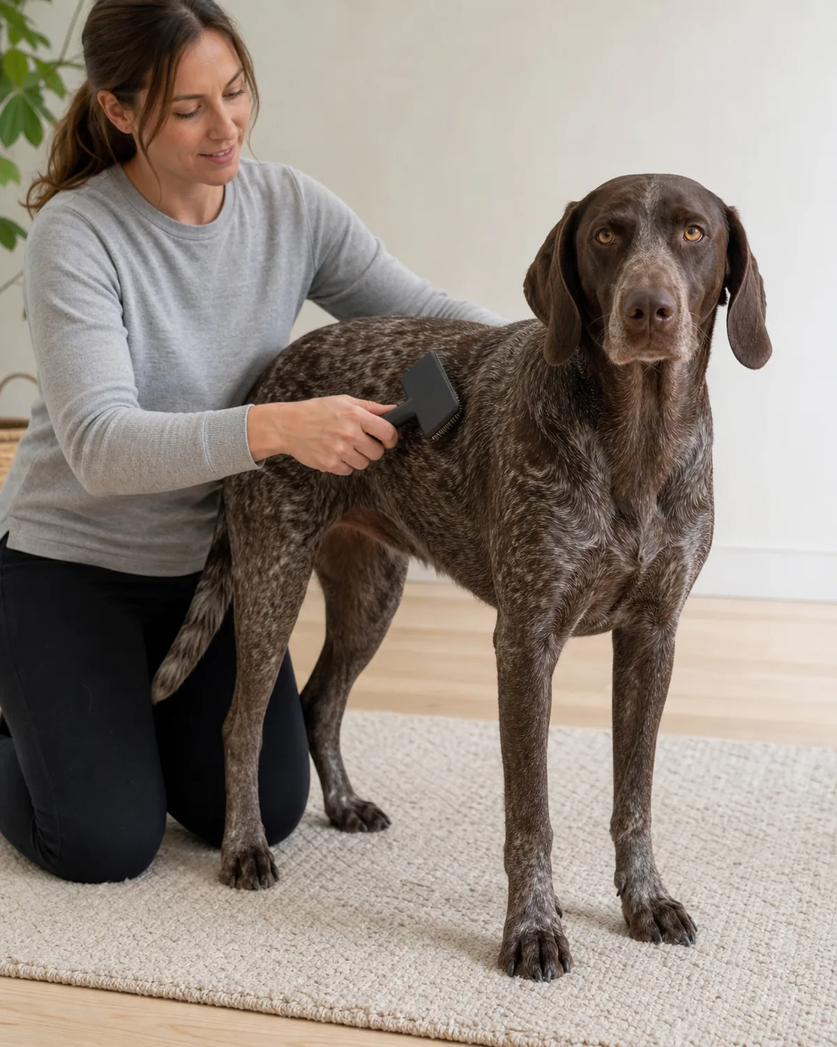 a large lean dog with a liver-roan ticked short-to-medium coat and floppy ears standing indoors while a person brushes its side with a slicker brush