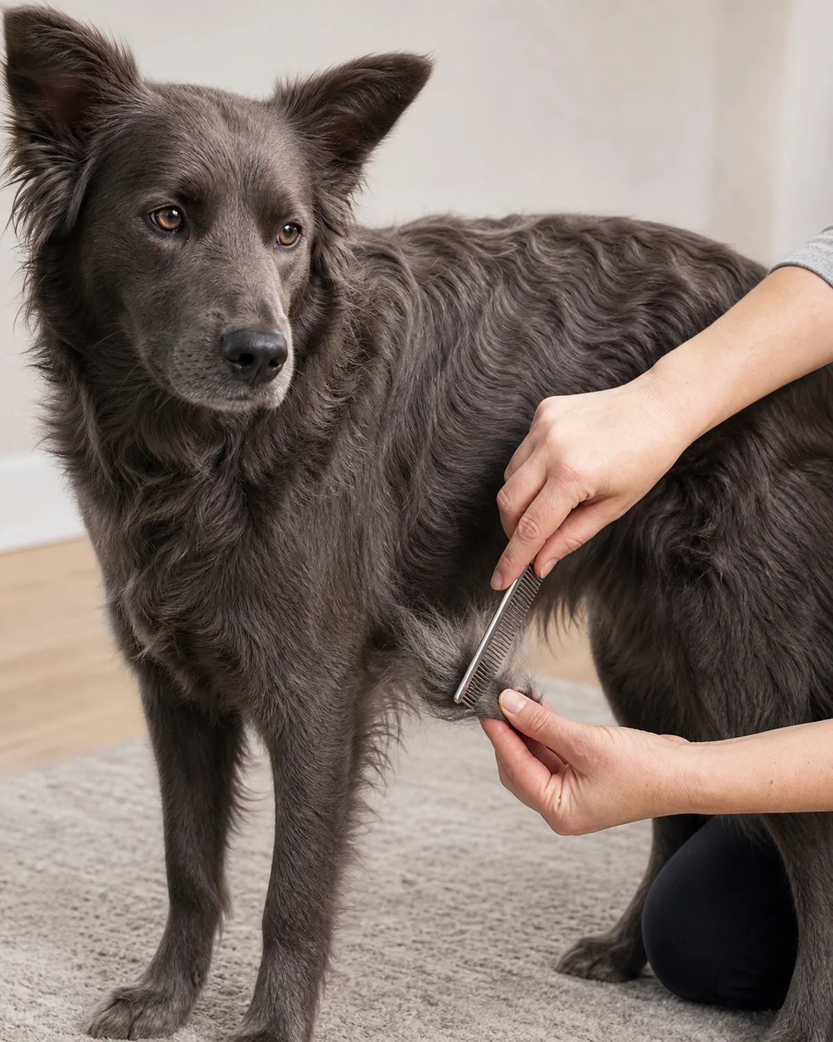 a medium dog with a solid smoky-blue-grey wavy medium coat and semi-erect ears, indoor close-up of a person's fingers pinching the base of a small mat near the skin while a comb works the tip loose