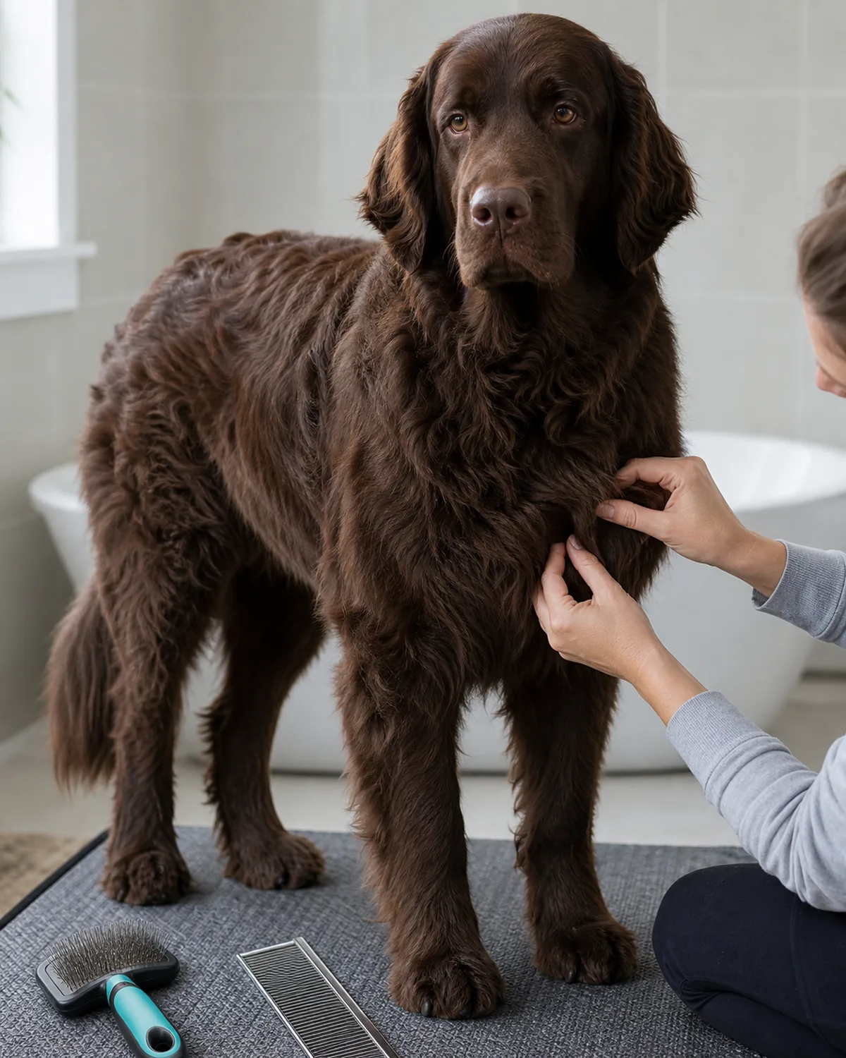 a large dog with a solid deep chocolate-brown long wavy coat and floppy ears standing at an indoor grooming table while a person's fingers gently check the fur before a bath, no water present