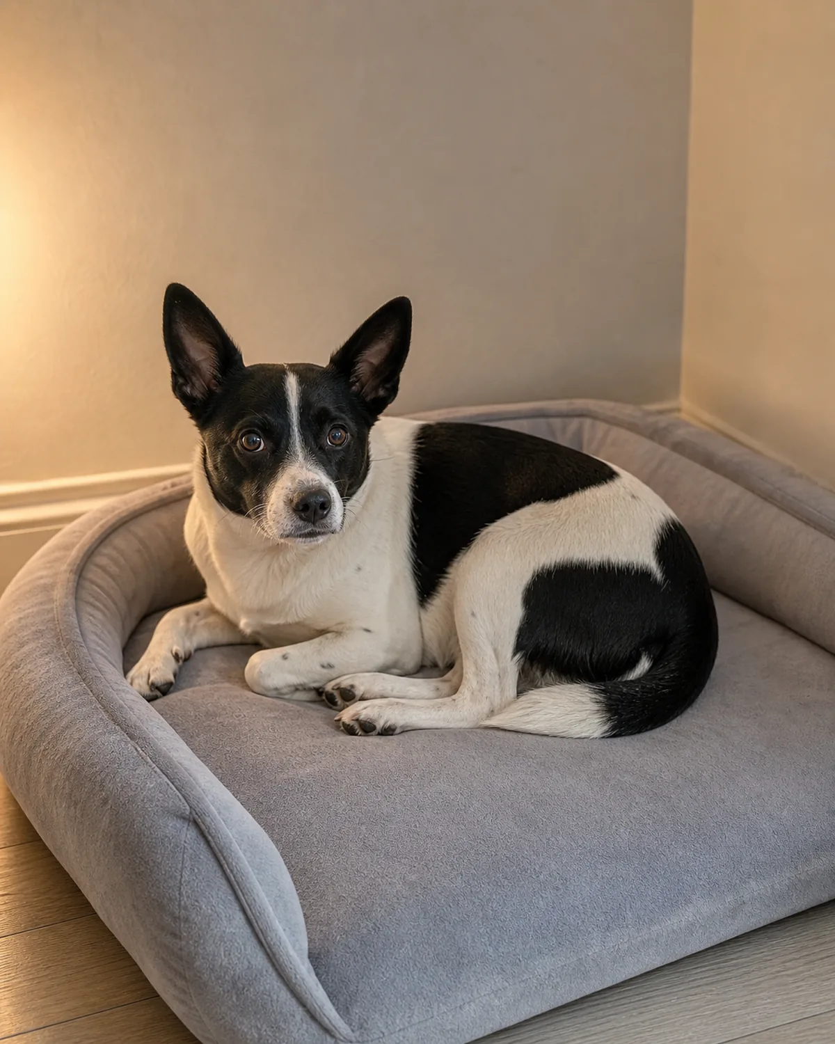 a small dog with a bold black-and-white patched coat lying quietly but slightly tense on a brand-new dog bed in the corner of a room