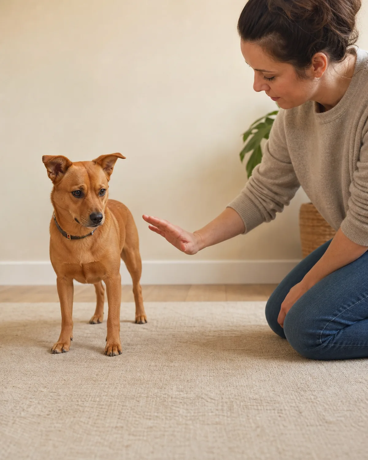 a small dog with a solid warm terracotta coat standing near a person whose hand pauses in mid-air just short of reaching for its collar