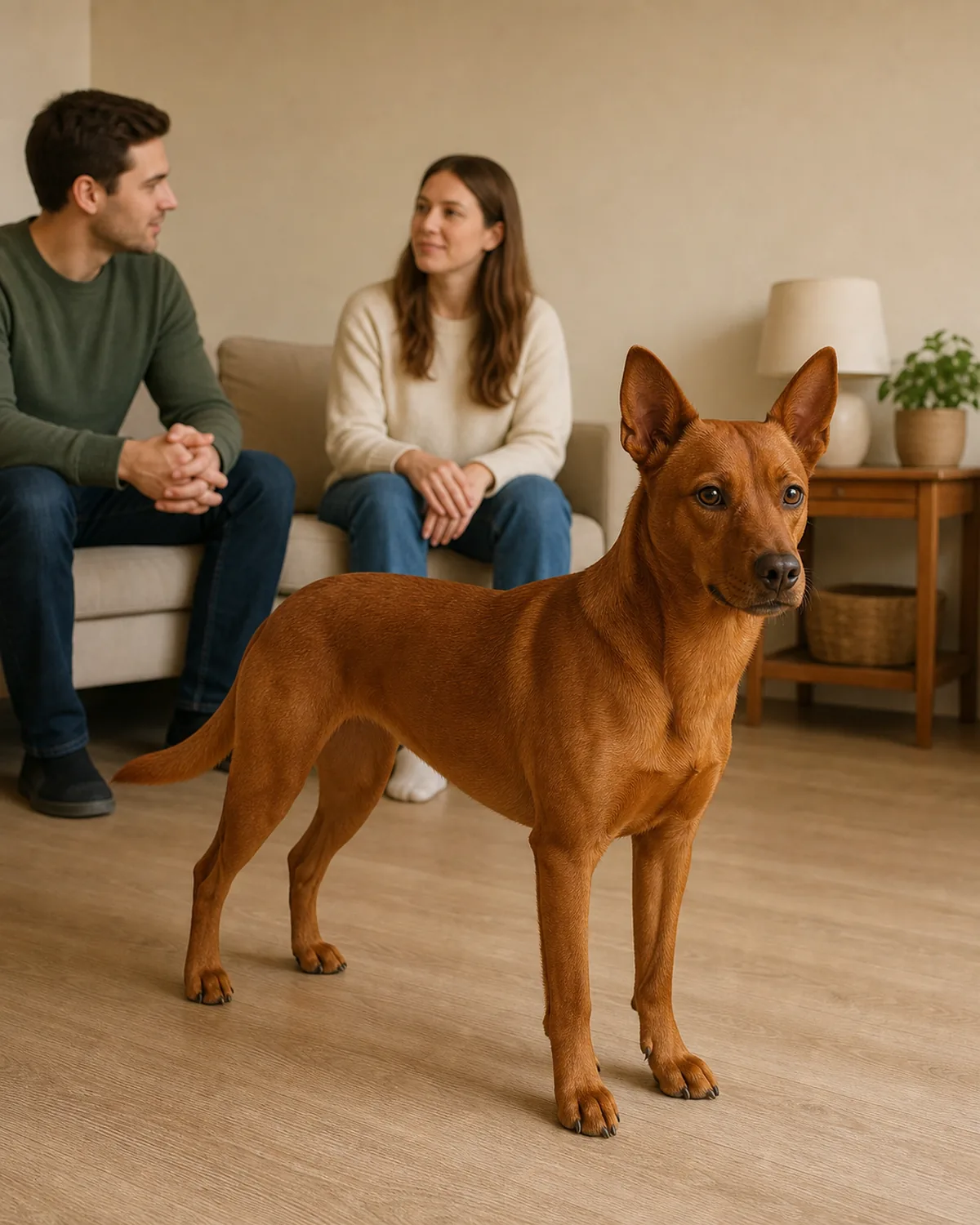 a medium dog with a solid rust-red coat standing a little apart while two people sit calmly a few feet away without approaching