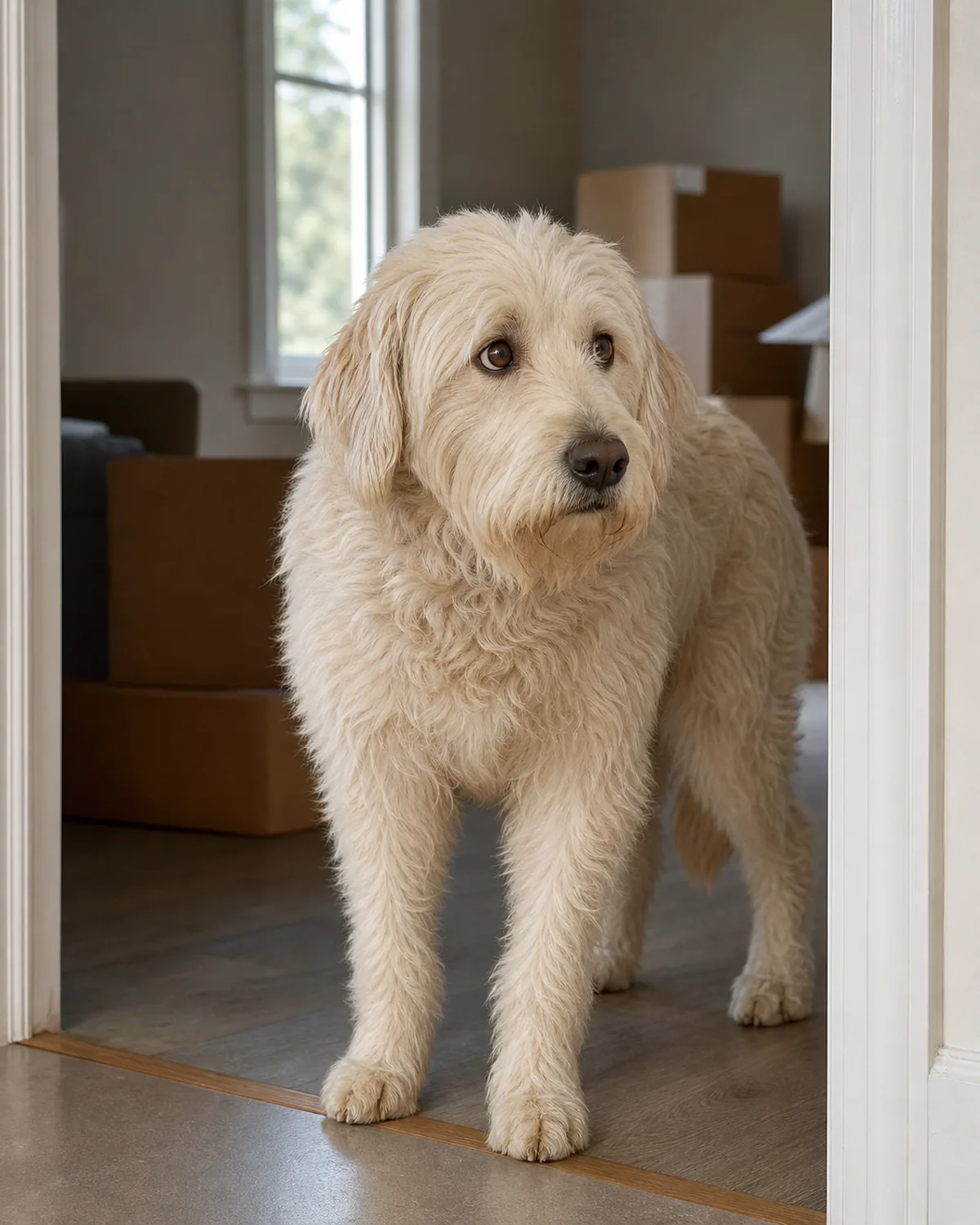 a large dog with a pale oatmeal-cream shaggy coat standing frozen just inside a doorway looking around an unfamiliar living room with moving boxes softly out of focus