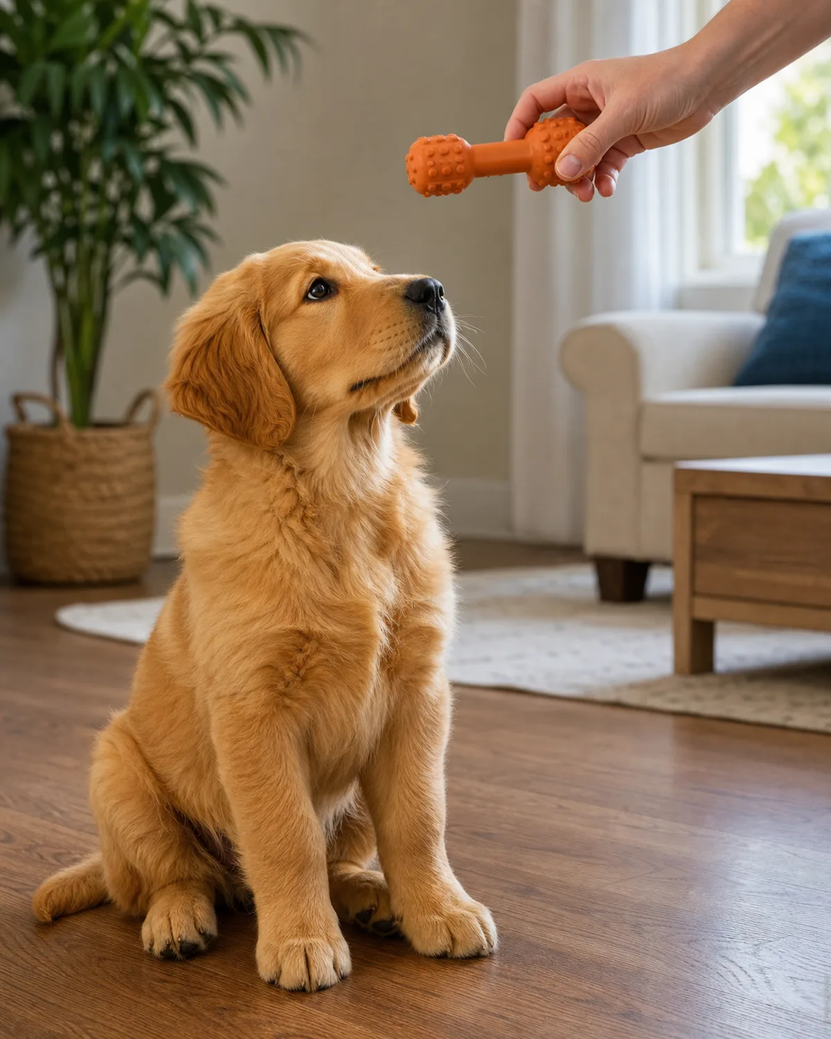 a large golden feathered-coated puppy with floppy ears sitting on a living room floor looking up at a person offering a rubber chew toy