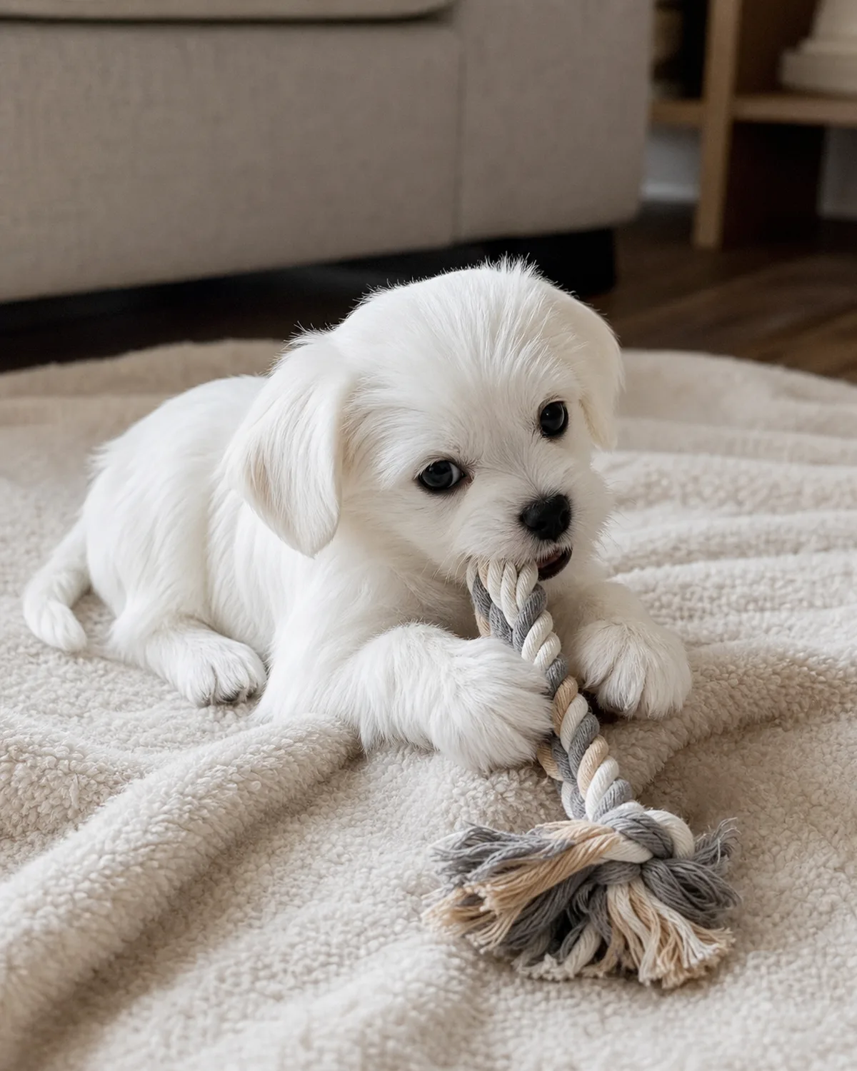 a tiny pure-white long silky-coated puppy with floppy ears lying on a blanket earnestly chewing a braided rope toy with both front paws pressed down on it