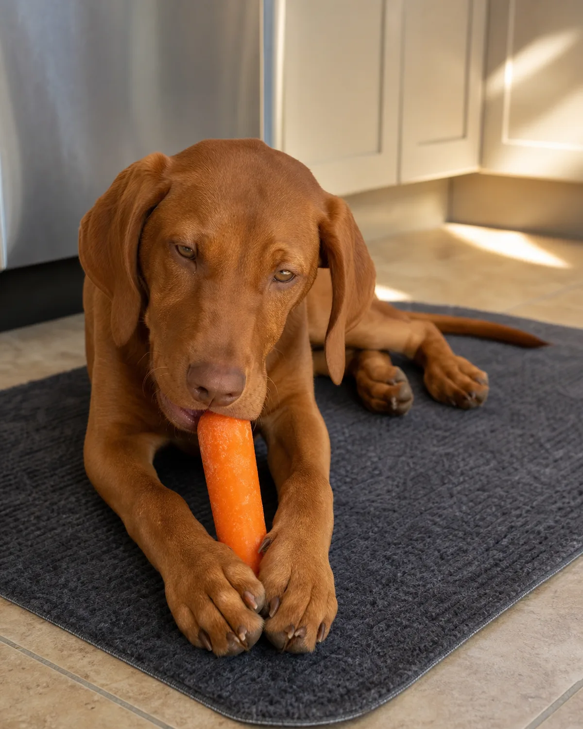 a medium-large rusty golden-brown short-coated puppy with floppy ears contentedly lying on a mat chewing a frozen carrot stick held between its front paws