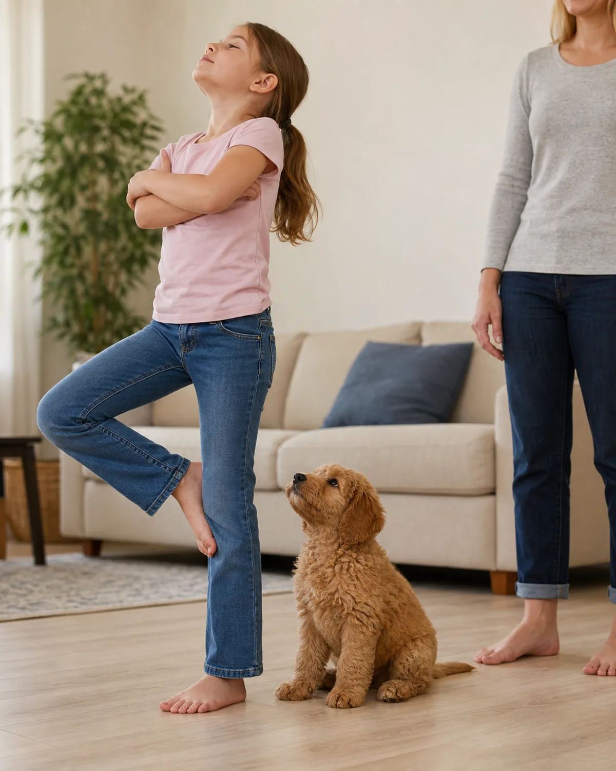 a medium apricot wavy-curly-coated puppy with floppy ears sitting calmly at the feet of a child standing in the be-a-tree pose with arms crossed and chin up while an adult supervises nearby