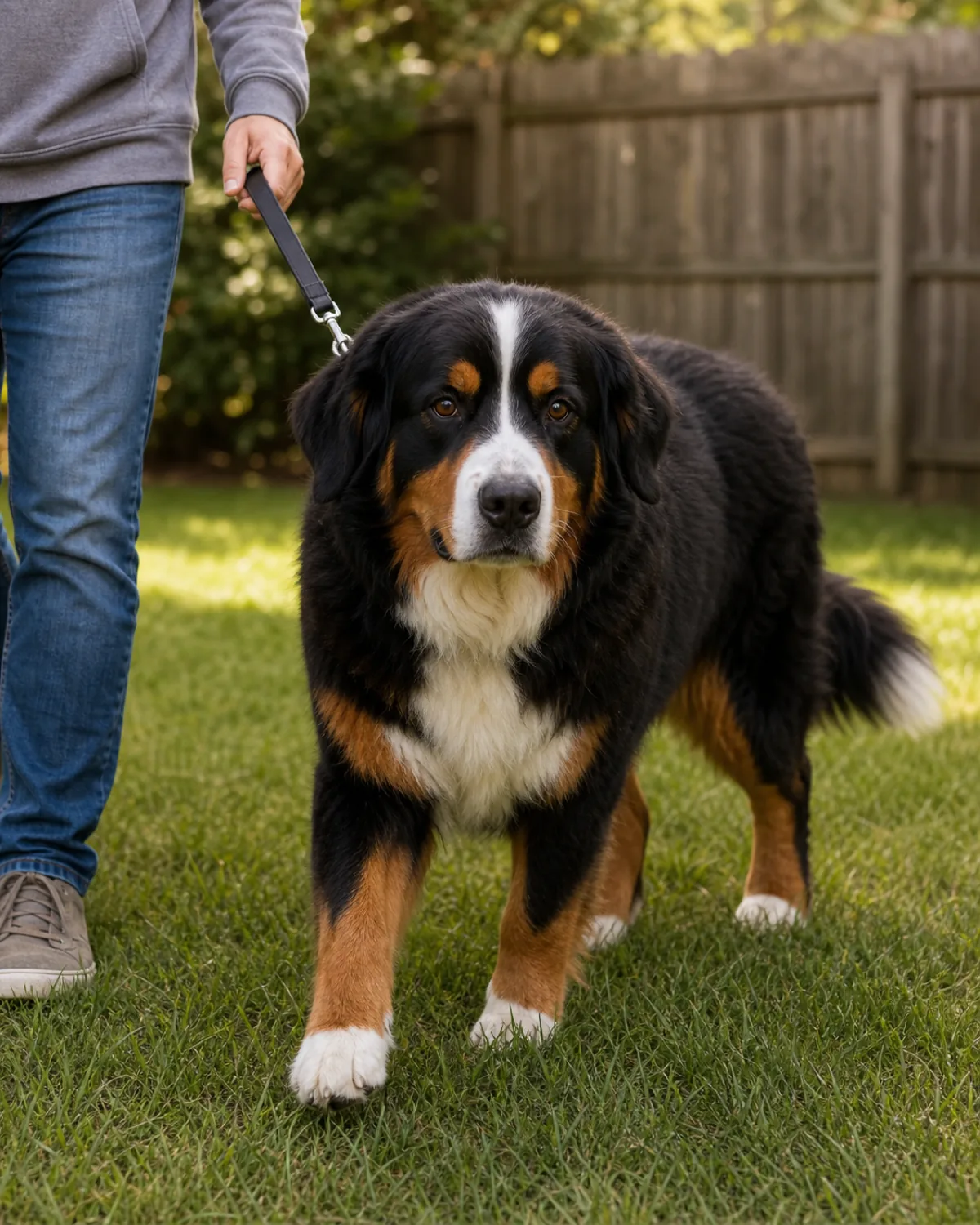 a large sturdy dog with a thick tricolor coat — black body, rust eyebrows and legs, white chest blaze — and floppy ears standing calmly on a short leash for a slow bathroom-break walk in a quiet yard