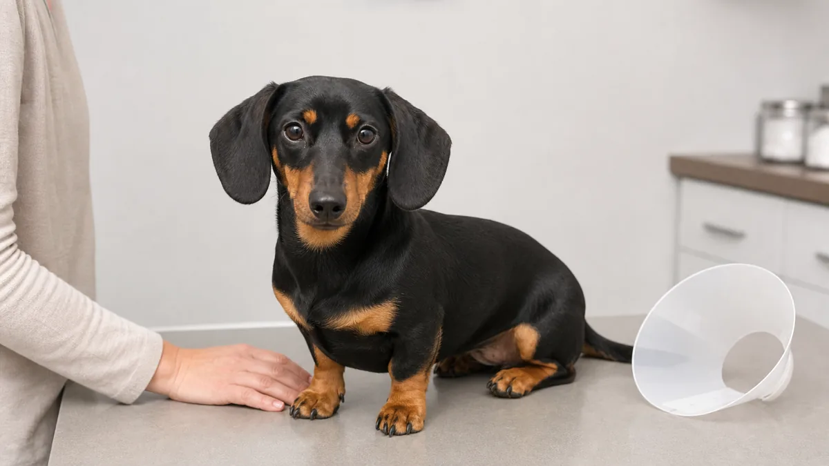 small long-bodied short-legged dog with a smooth black-and-tan coat and long floppy ears sitting calmly beside a person hand on a vet-clinic exam table, a small recovery cone resting nearby but not worn