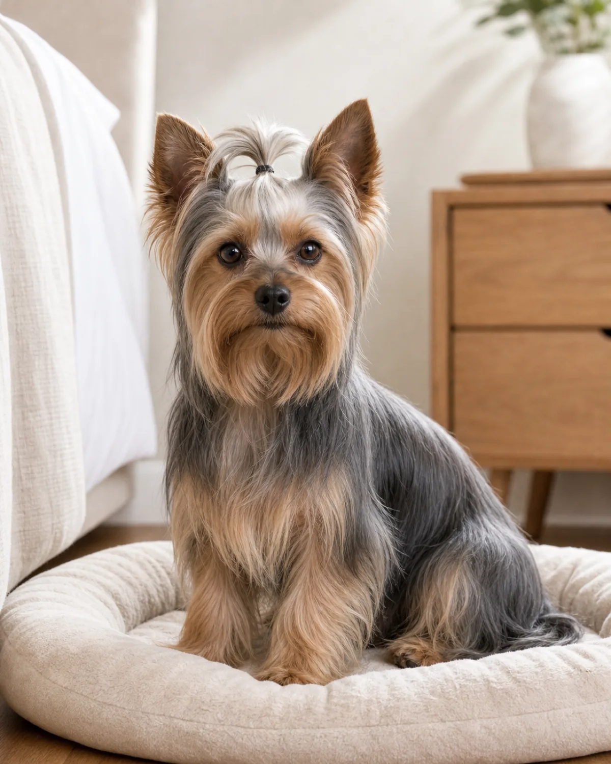 a small dog with a fine silky long steel-blue-and-tan coat, small erect ears and a topknot sitting calmly on a soft dog bed in a bright bedroom corner
