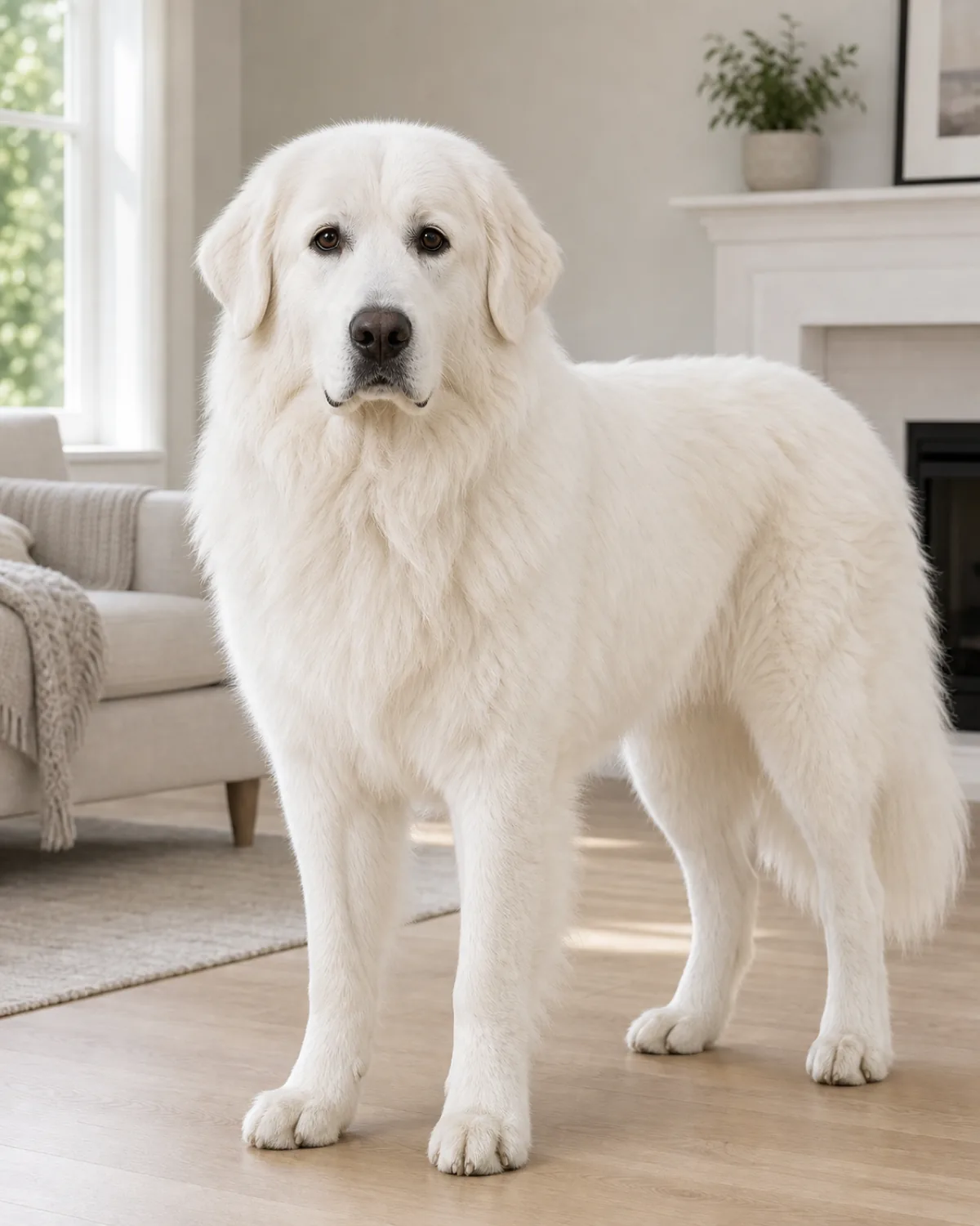 a giant dog with a thick solid-white long double coat, a mane around the neck, floppy ears and a gentle face standing calmly full-body in a bright living room