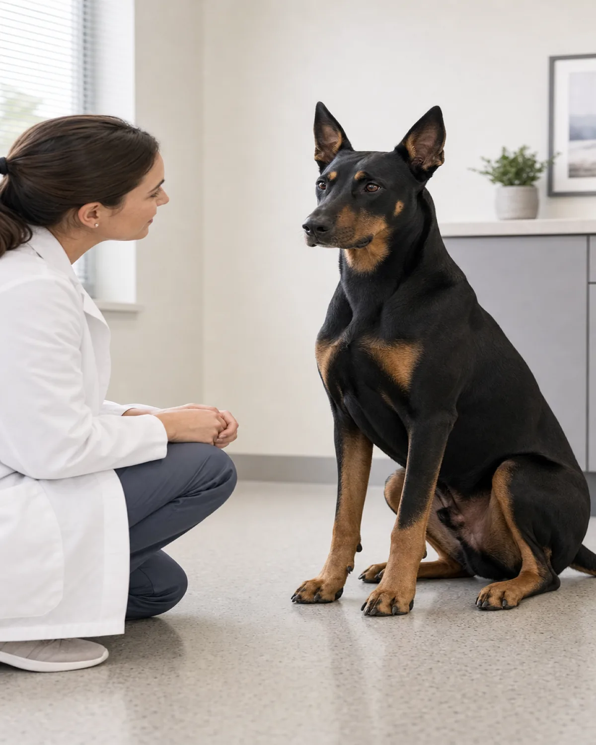 a large lean muscular dog with a sleek black-and-tan short coat, sharp rust points, upright ears and a long muzzle sitting calmly on an exam-room floor while a person in a plain white coat kneels nearby in conversation
