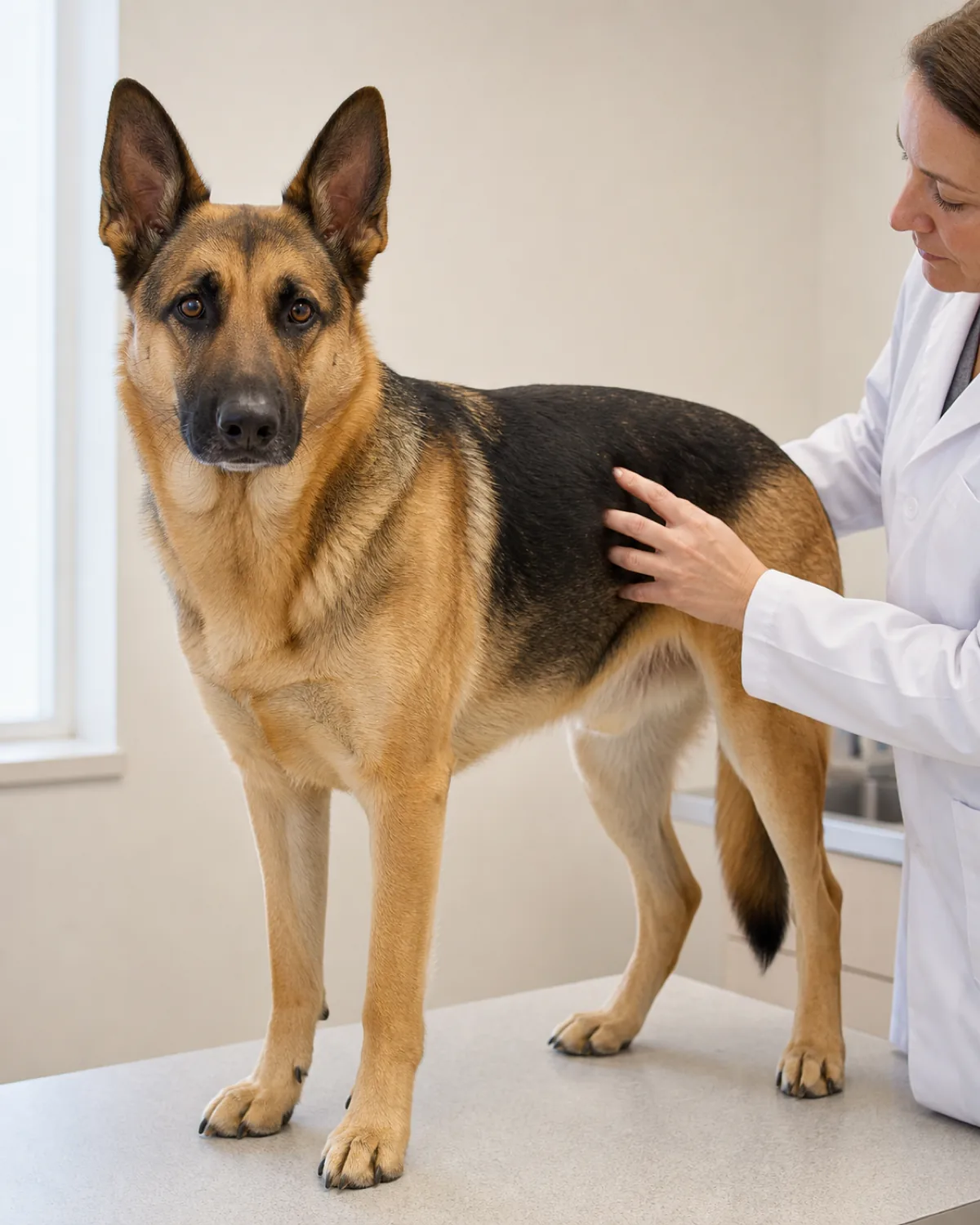 a large dog with a tan body and a black saddle-and-mask, medium coat, large upright pointed ears, long muzzle and a sloped back standing calmly on an exam table while a person in a plain white coat gently checks its side near the flank
