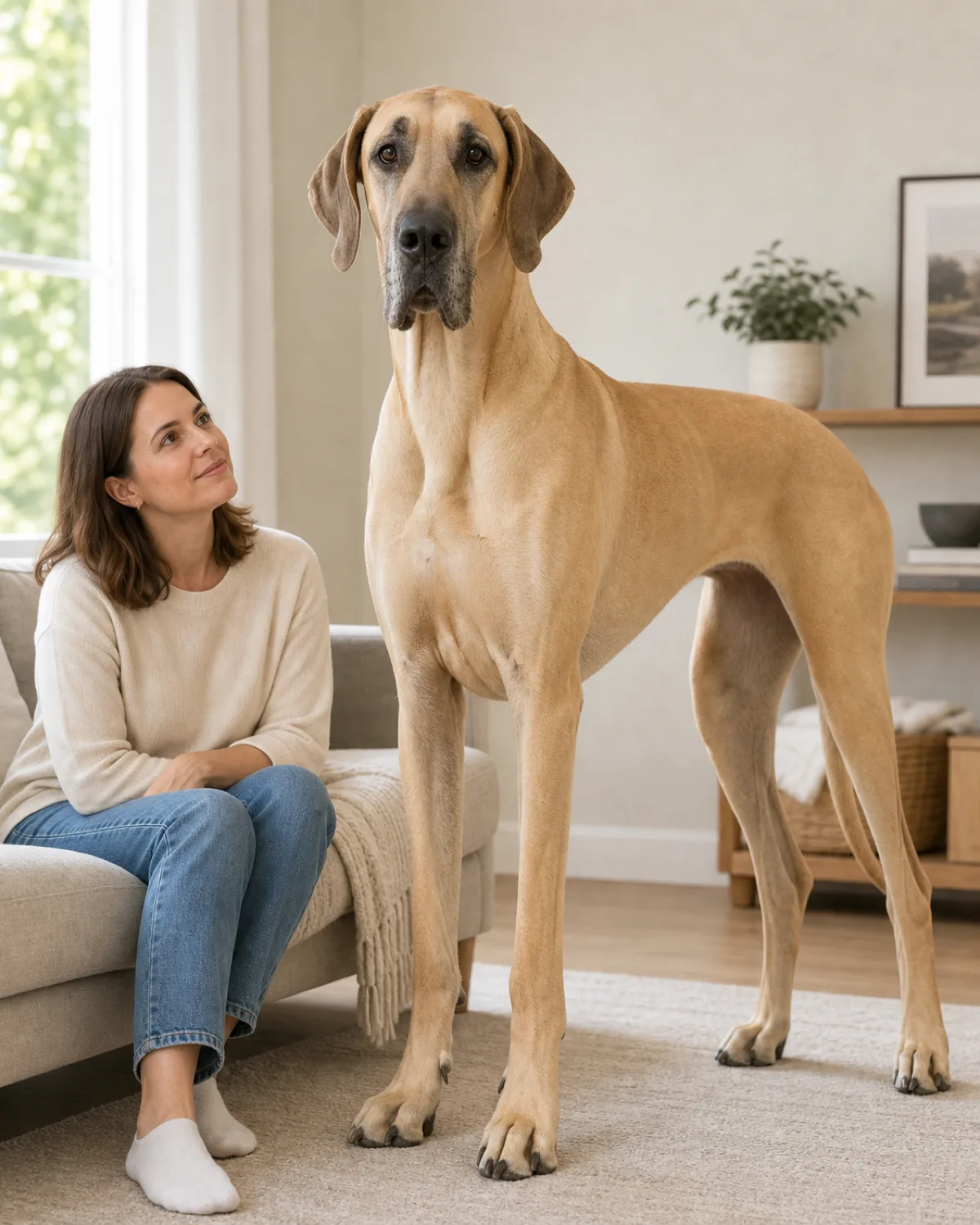 a very tall lean giant dog with a short fawn coat, long legs and neck, and floppy ears standing calmly beside a seated person for scale in a bright living room