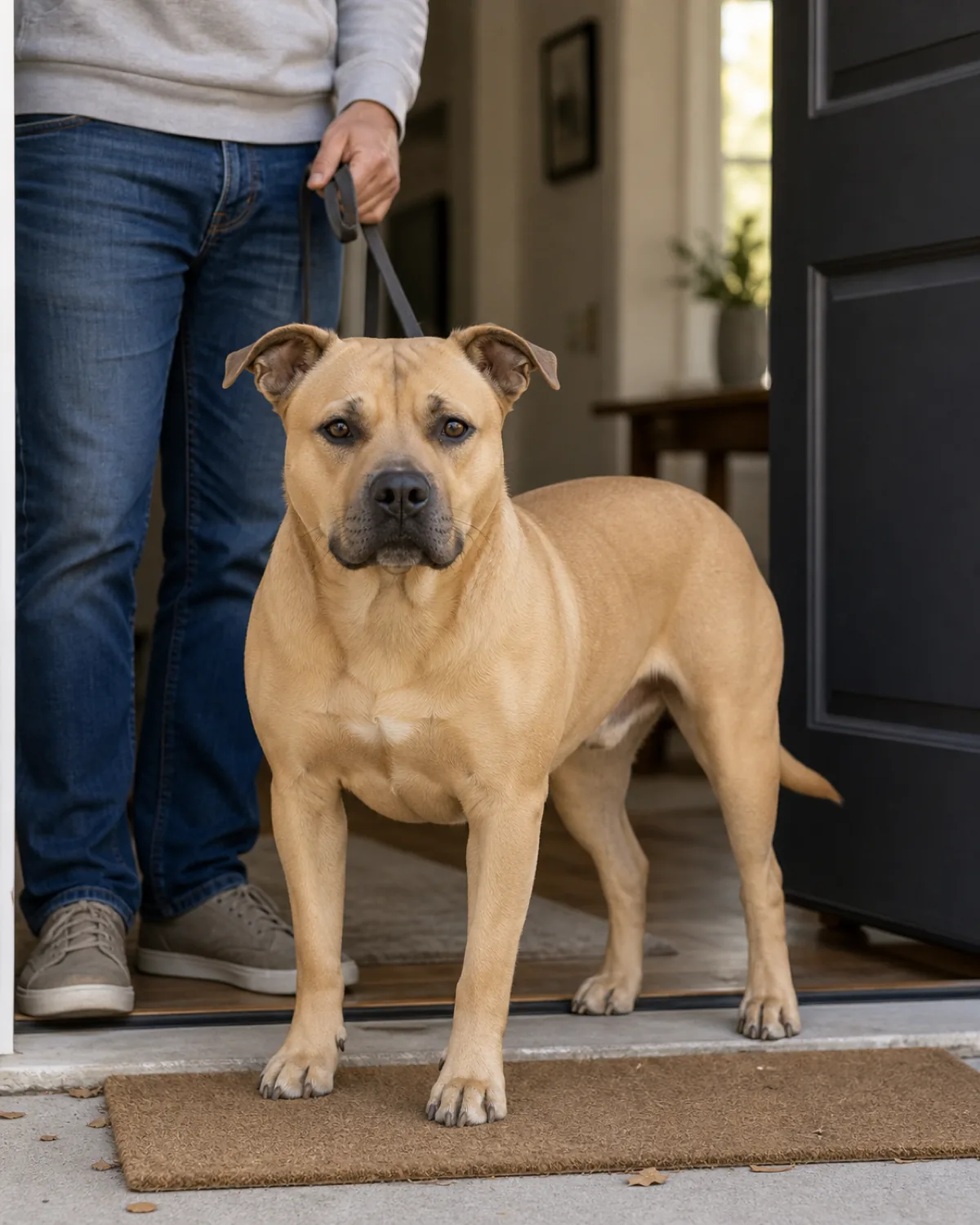 a medium muscular dog with a broad blocky head, wide-set eyes, a short smooth fawn coat and a strong jaw standing calmly at a front door threshold on a leash held by a person