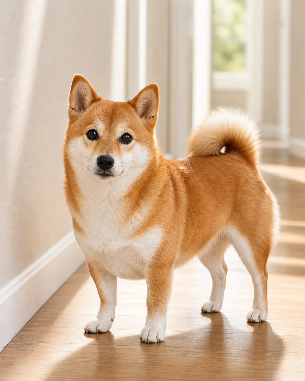 a small compact dog with a thick orange-red double coat and white underside, erect ears, a curled tail and a fox-like face standing calmly in a sunlit hallway