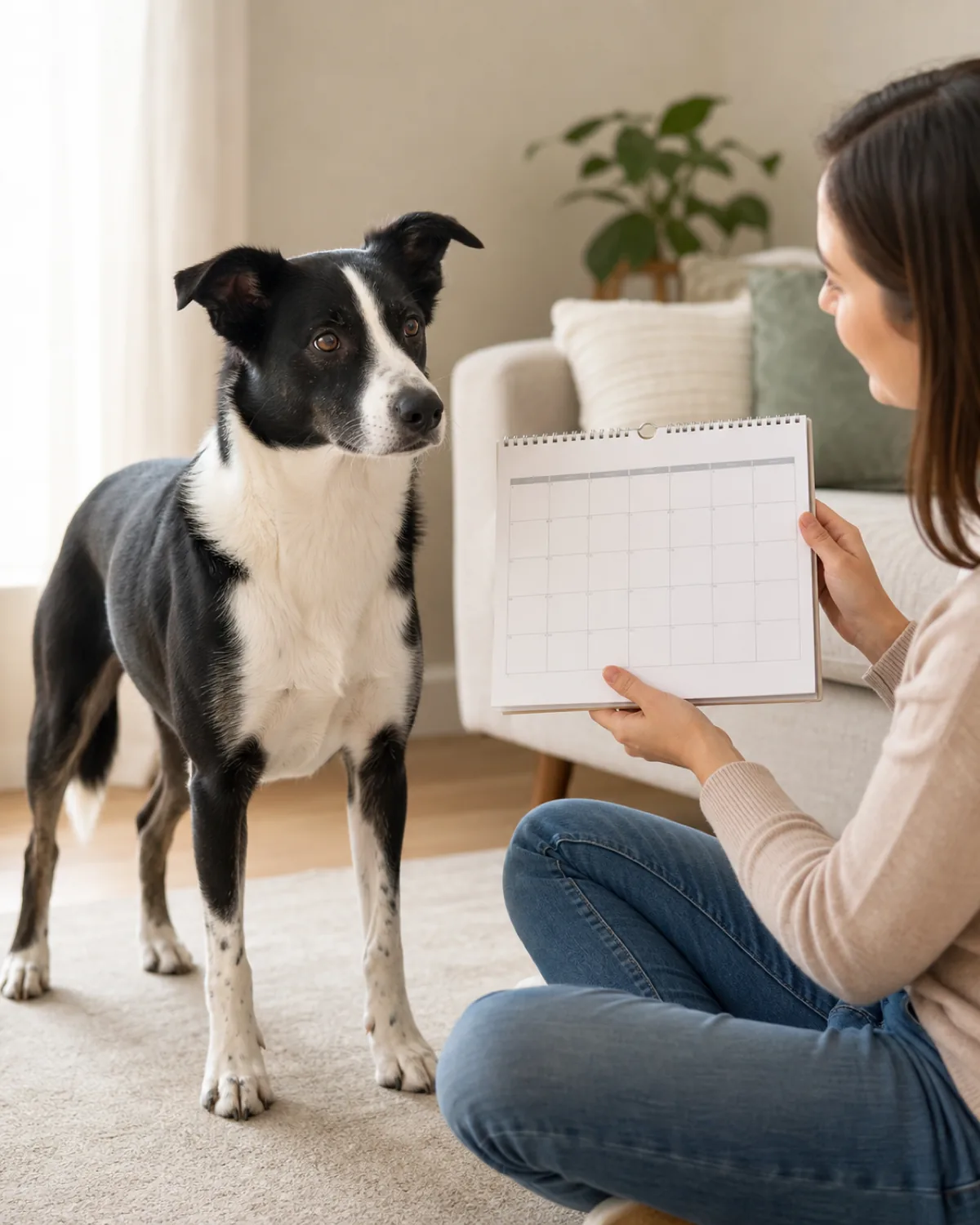 a medium athletic dog with a black-and-white coat (white blaze, collar and chest), medium fur and semi-erect ears standing calmly beside a person holding an open calendar in a bright living room