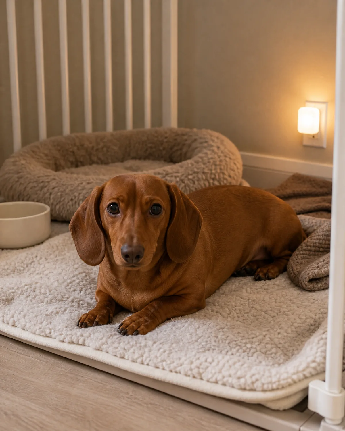 a small dog with a very long low body and very short legs, a smooth solid-red coat and long floppy ears lying calmly in a small enclosed recovery nook with a soft blanket and low nightlight