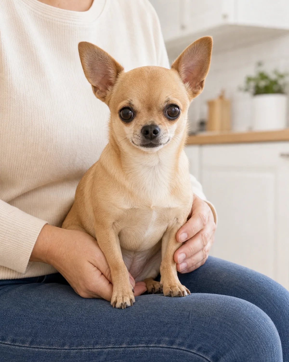 a tiny dog with an apple-domed head, oversized erect ears, large round eyes and a short fawn coat sitting calmly on a person's lap in a bright kitchen