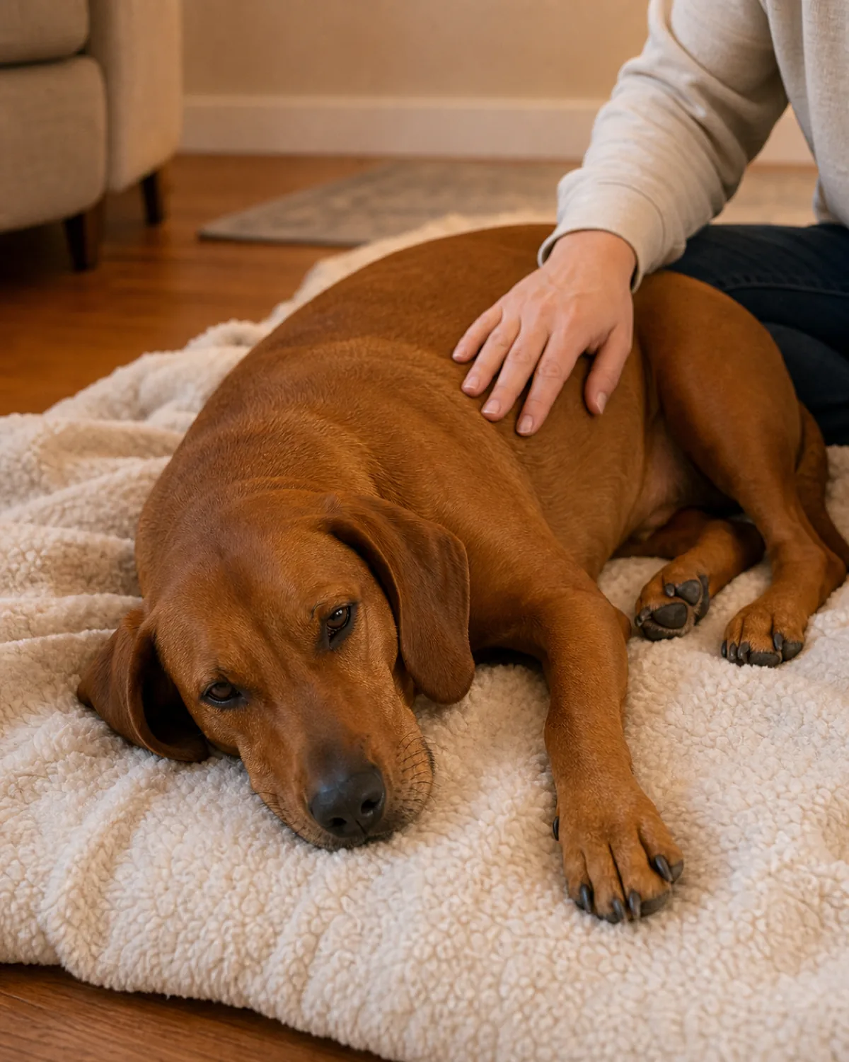 a medium-large sleek dog with a uniform rusty golden-brown short coat, floppy ears and a lean athletic frame lying calmly and a little groggy on a soft blanket at home, a person's hand resting gently on its side