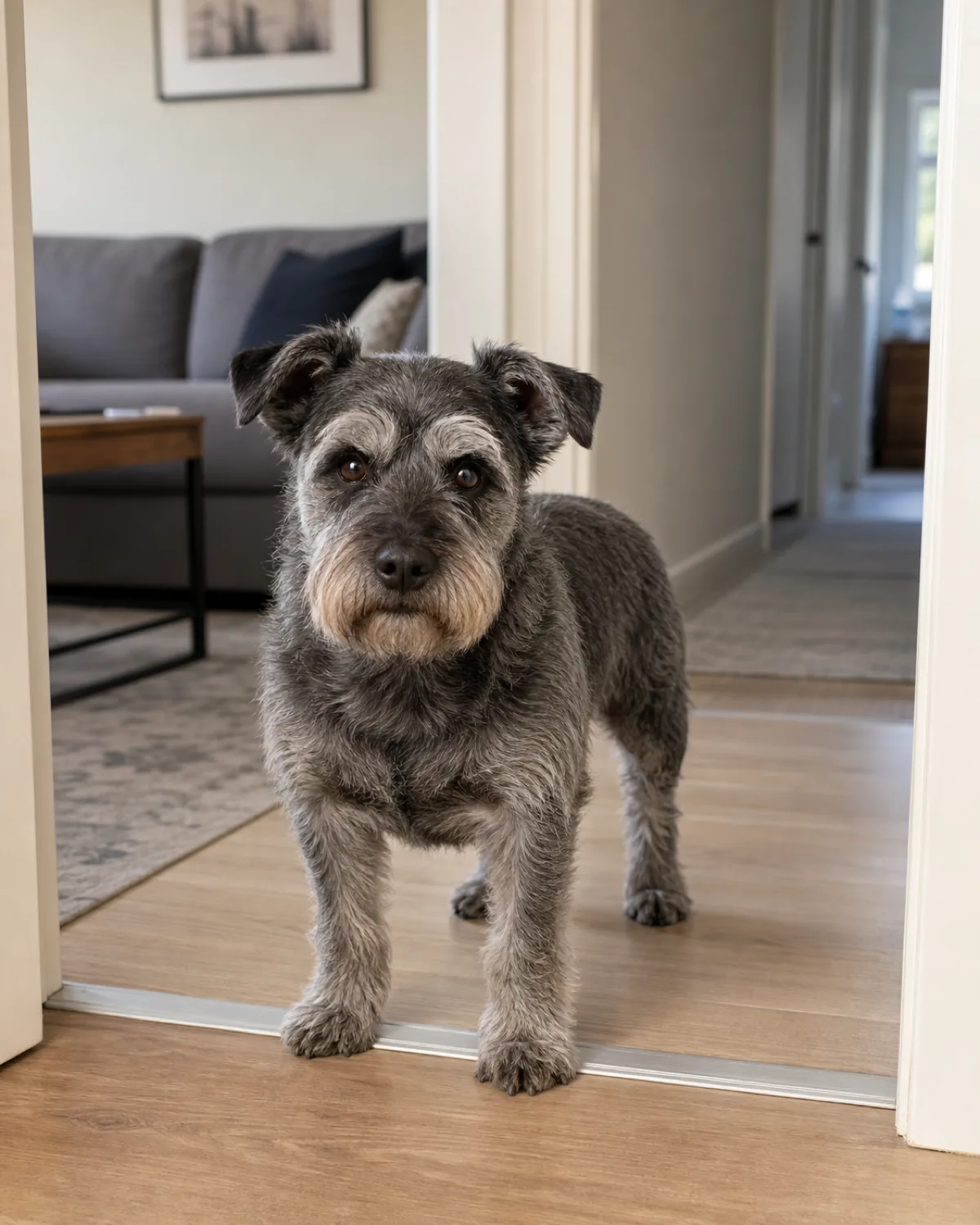 a small square dog with a wiry salt-and-pepper grey coat, bushy eyebrows and beard, and semi-erect ears standing at a threshold between a living room and a hallway looking slightly restless off-leash