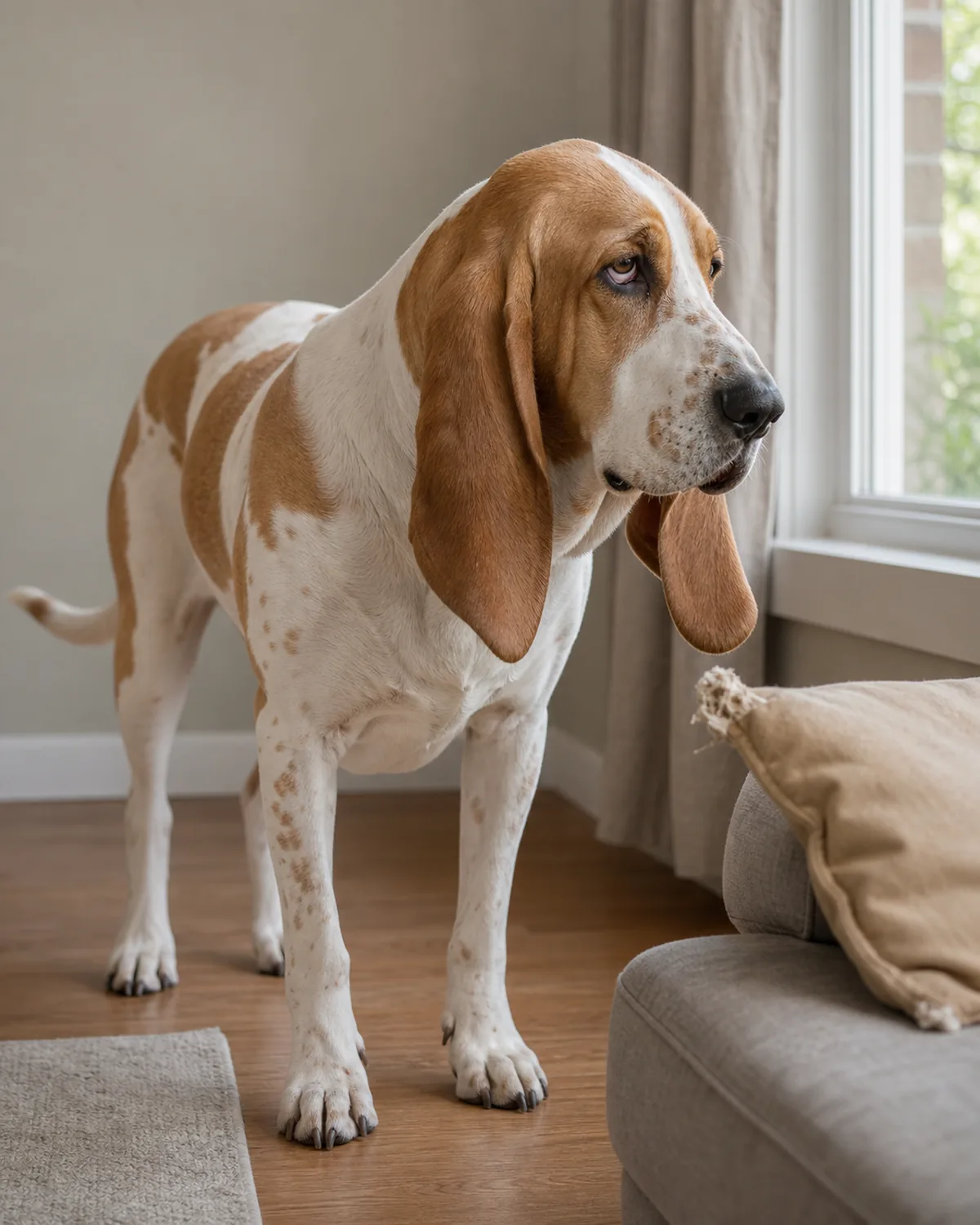 large fawn-and-white patched hound-shaped dog standing restlessly near a window with a slightly pent-up posture