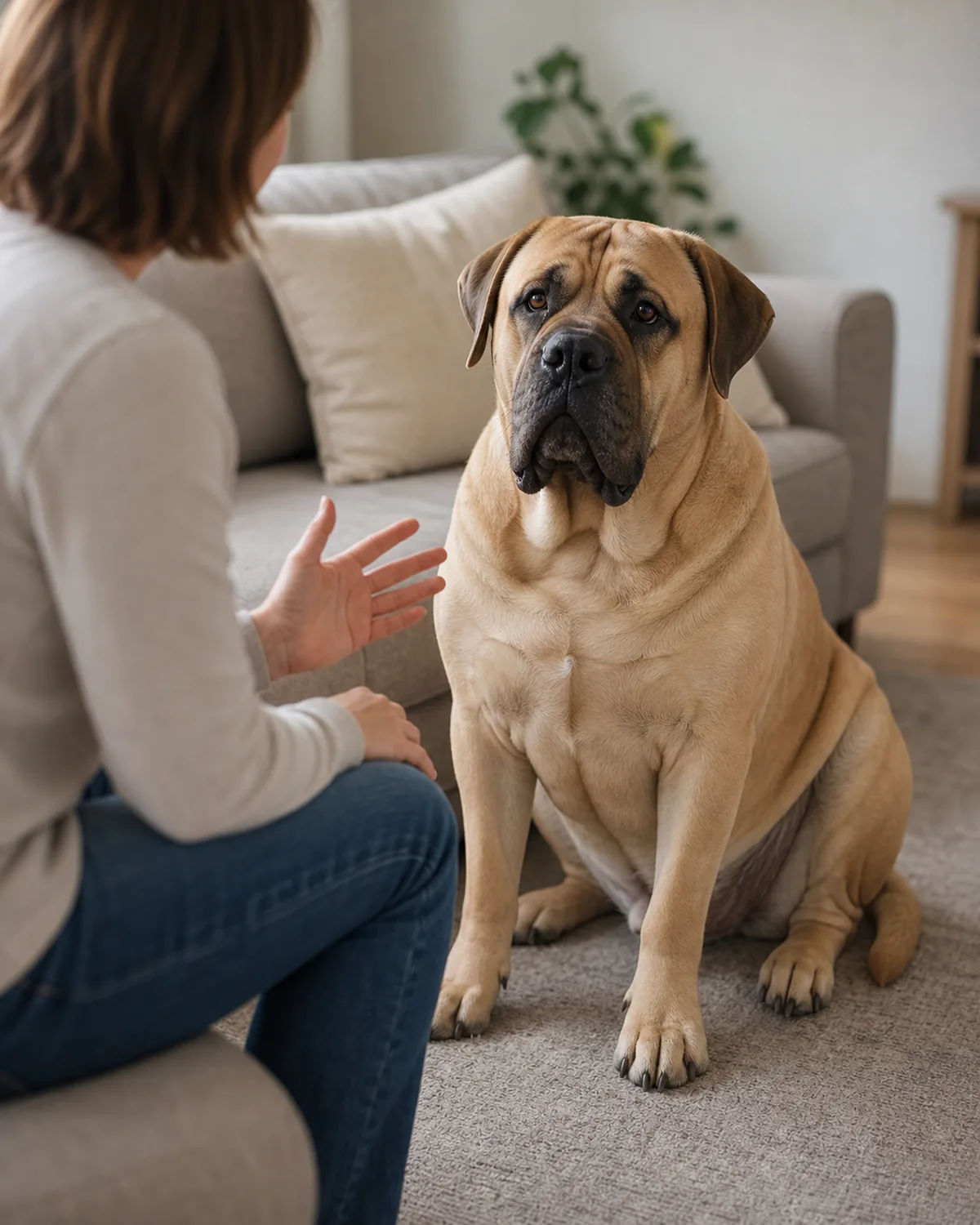 large heavy-boned fawn dog sitting calmly beside a seated person who is gesturing while talking, living-room consultation mood