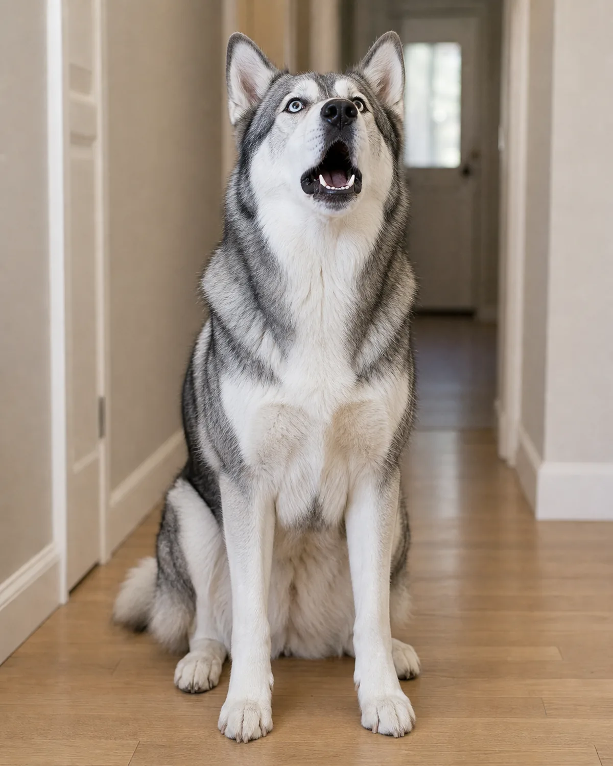 large dog sitting upright mid-bark with mouth open, alert posture, indoor hallway