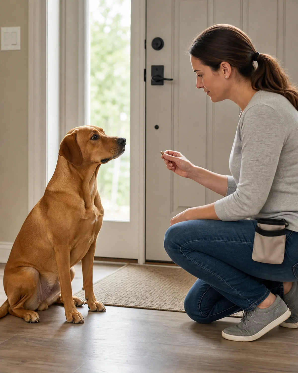lean athletic dog sitting calmly a few feet from a front door during a low-intensity doorbell desensitization rep