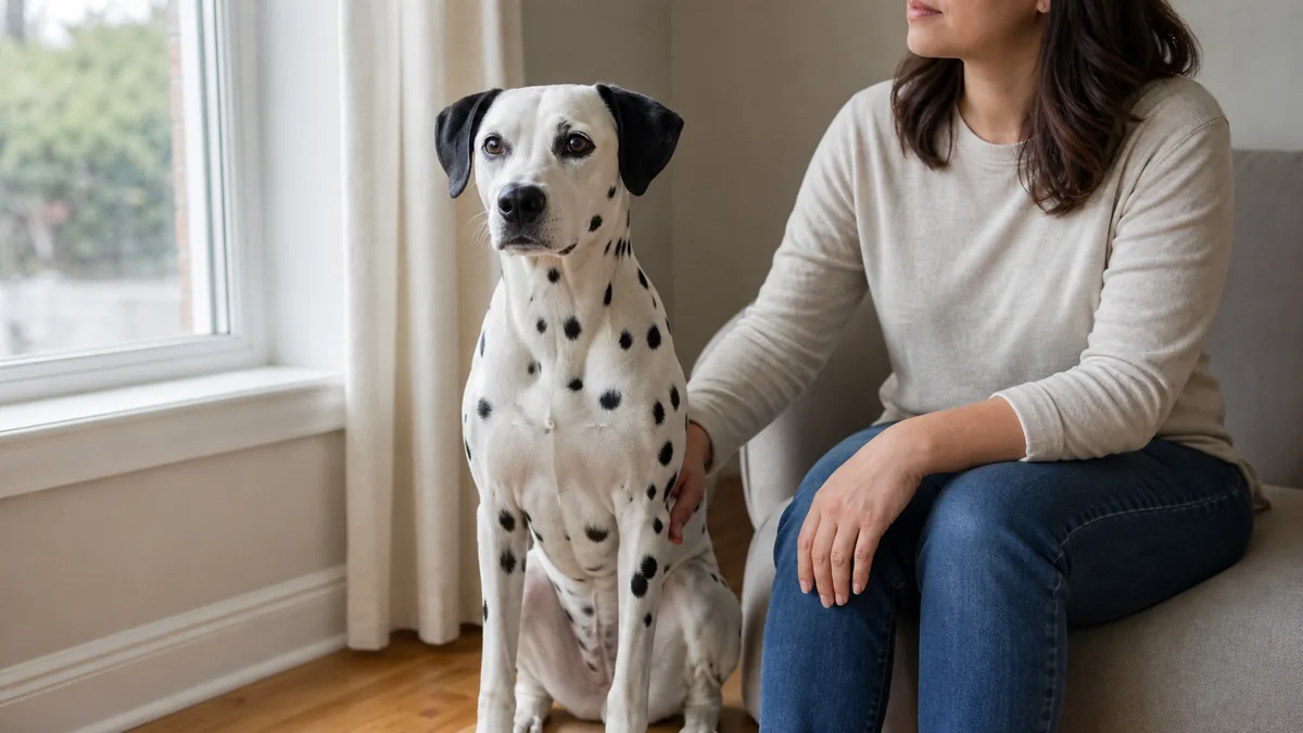 dog sitting calmly and quietly beside its owner near a front window, mouth closed, alert but silent