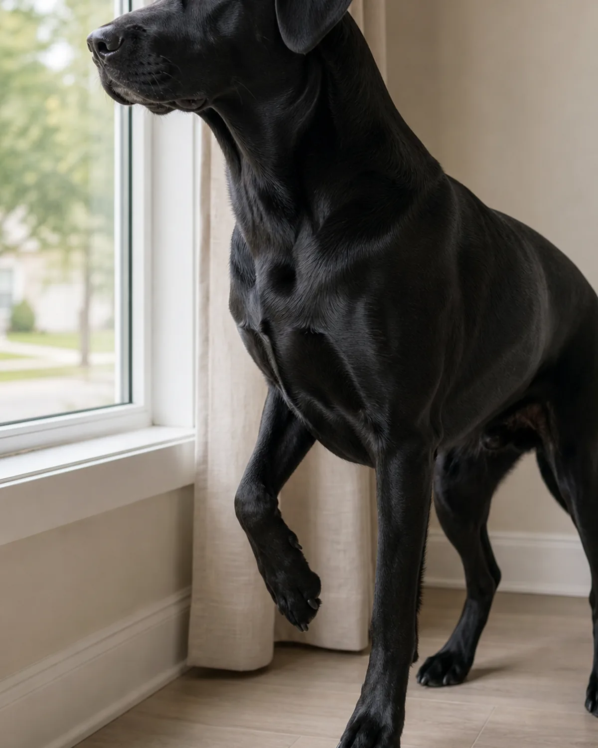 large solid black dog standing at a window with a directed alert stare, one paw slightly lifted