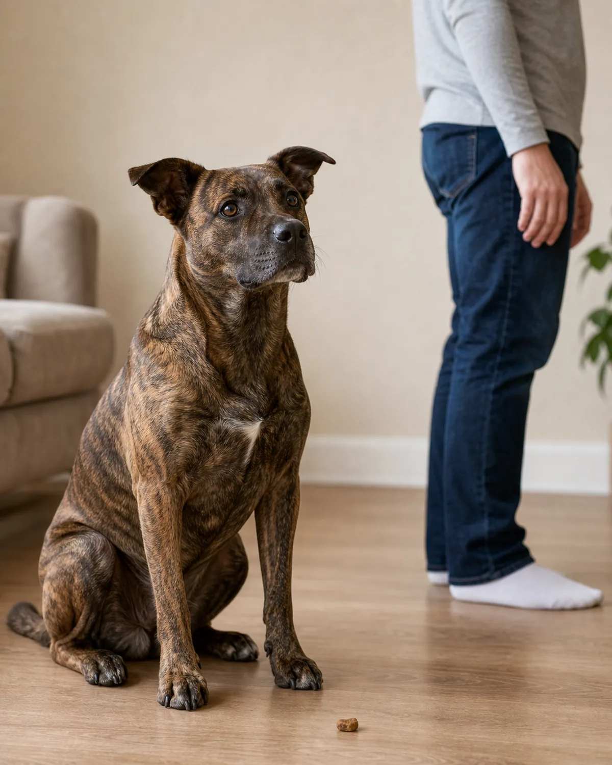 medium brindle-patterned dog sitting quietly while owner looks away with arms relaxed, treat appearing at floor level