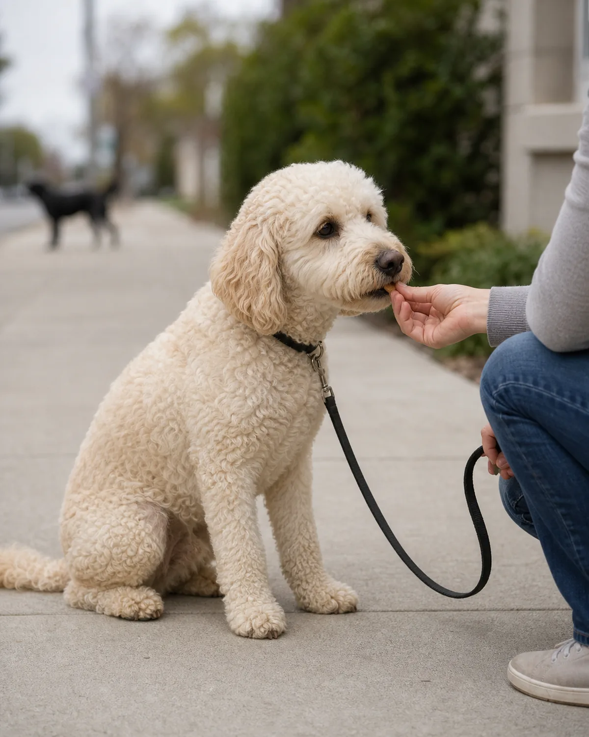 medium cream-colored curly-coated dog sitting calmly on a sidewalk at a comfortable distance from a blurred second dog in the background