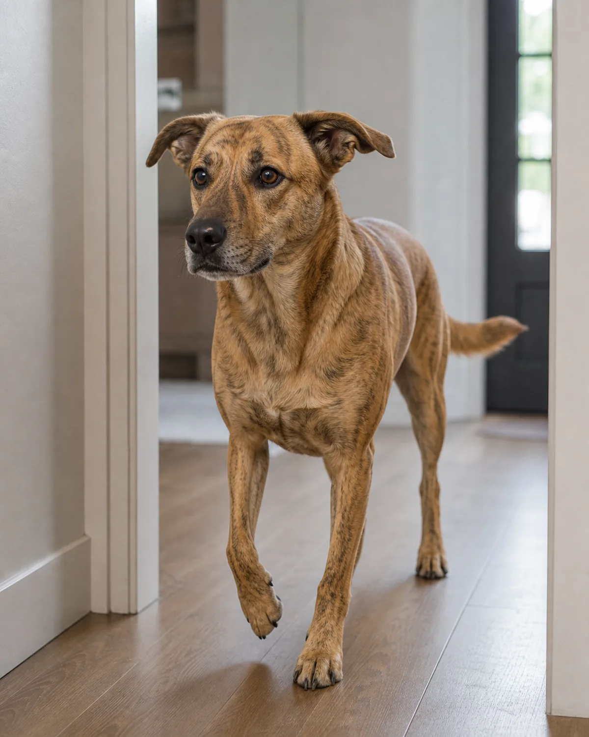 medium golden-brindle mixed dog standing at a threshold between a hallway and a front room, cautious hesitant body language