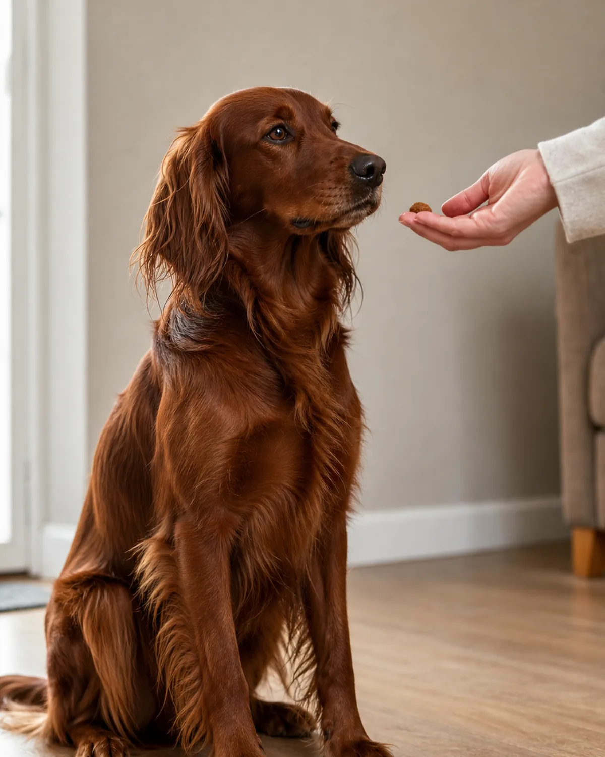 medium dog with a long silky deep mahogany-red feathered coat sitting attentively with mouth closed right after a bark, owner's hand mid-reward