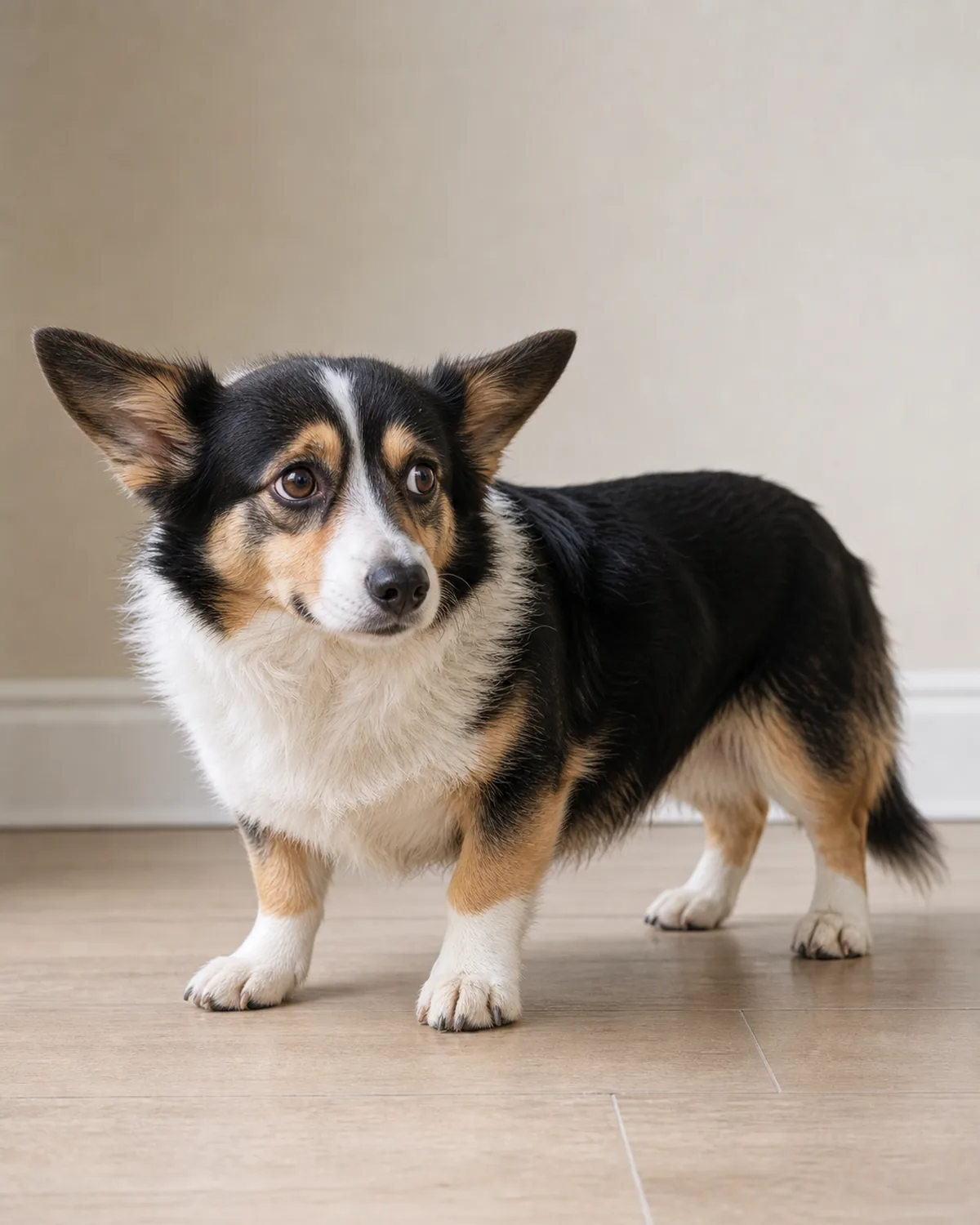 small short-legged fluffy tricolor dog standing with ears pinned back and weight shifted backward