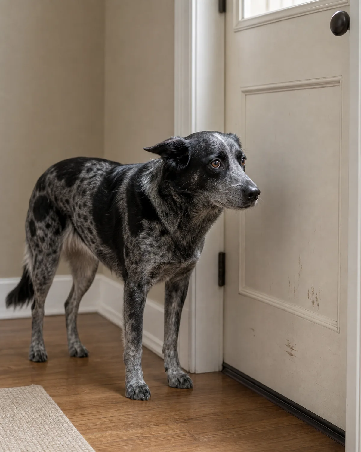 medium blue-grey merle-patterned dog standing near a closed front door with a mildly anxious posture, faint paw marks on the door paint